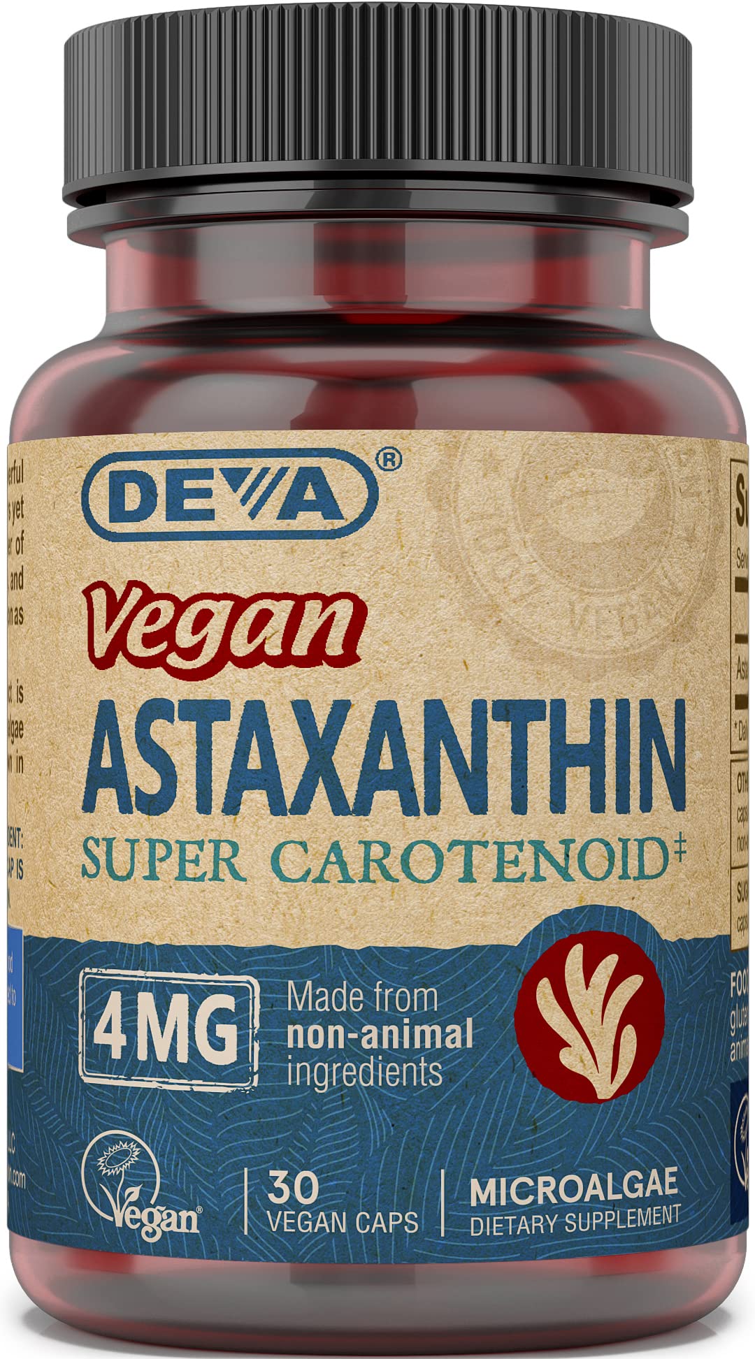DEVA Astaxantina 4 mg en cápsulas, botella visible, posible apoyo a la salud de la piel.