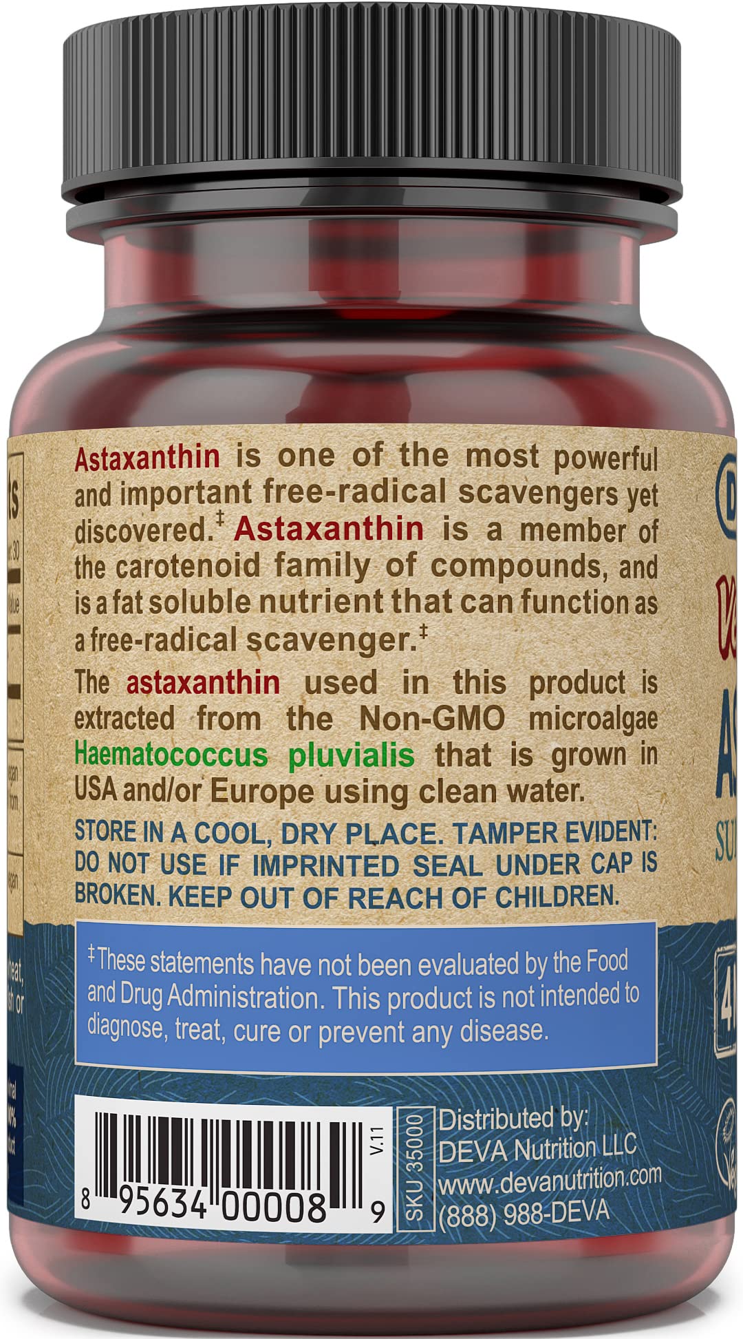 DEVA Astaxantina en cápsulas, rutina diaria, apoyo antioxidante potencial.
