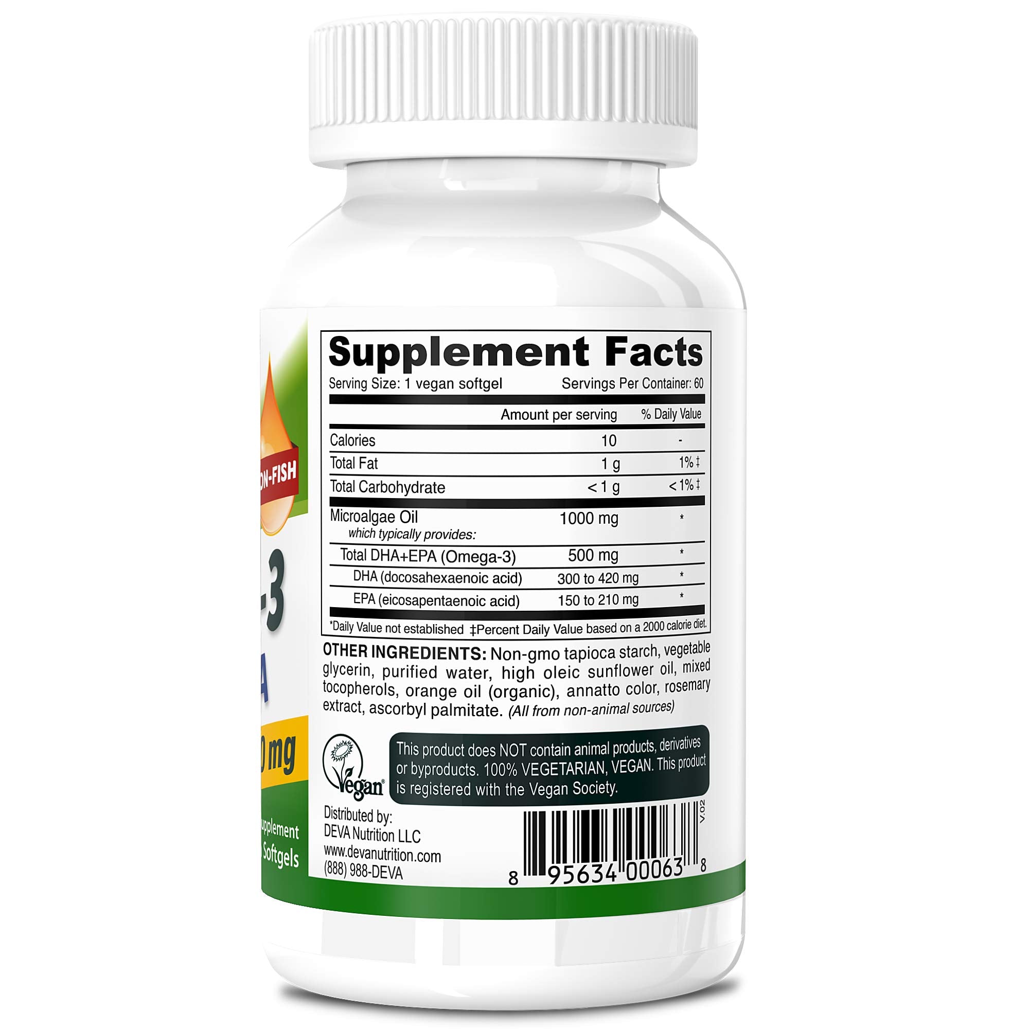 DEVA Omega-3 de algas, dosis diaria para DHA y EPA.