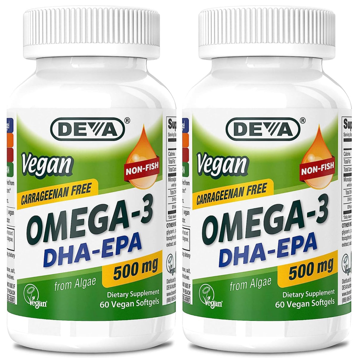 DEVA Omega-3 Vegano: botella vertiendo cápsulas para apoyar el bienestar diario.