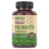DEVA Probiotico vegan botella primer plano, estable a temperatura ambiente para viajar