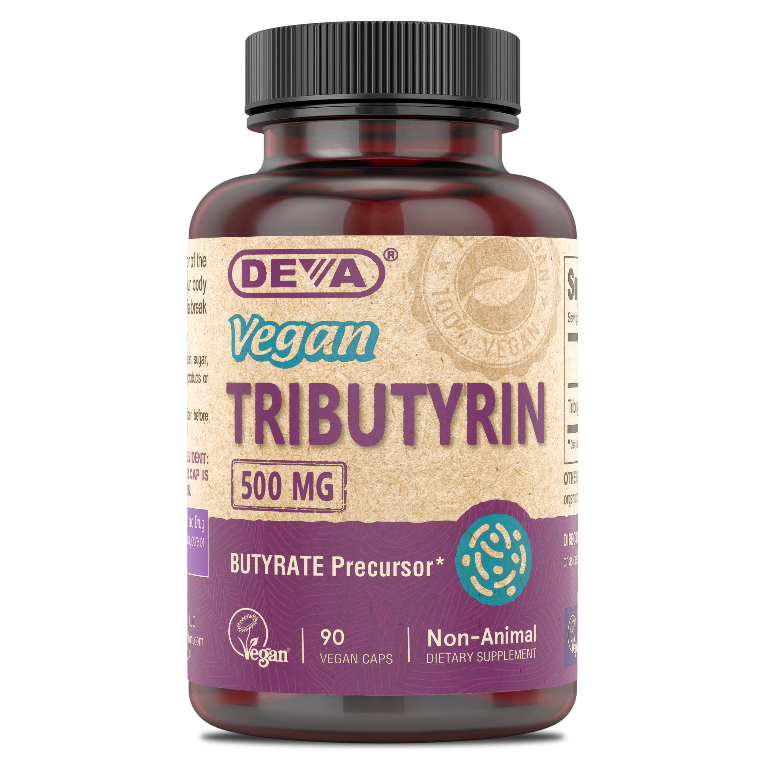 DEVA Tributyrin, cápsula de 500 mg para apoyo digestivo diario.