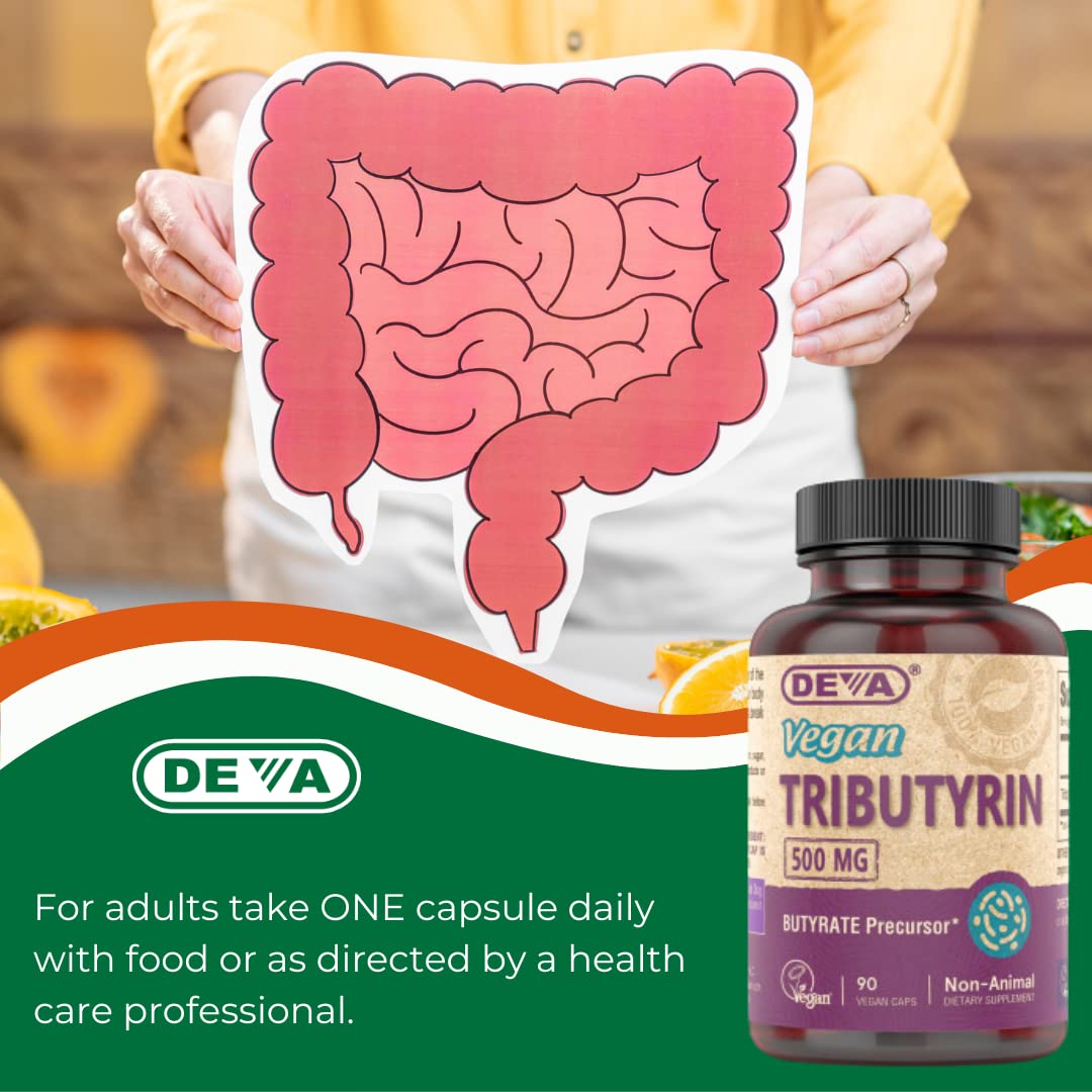 DEVA Tributyrin, envase compacto ideal para casa y viaje.