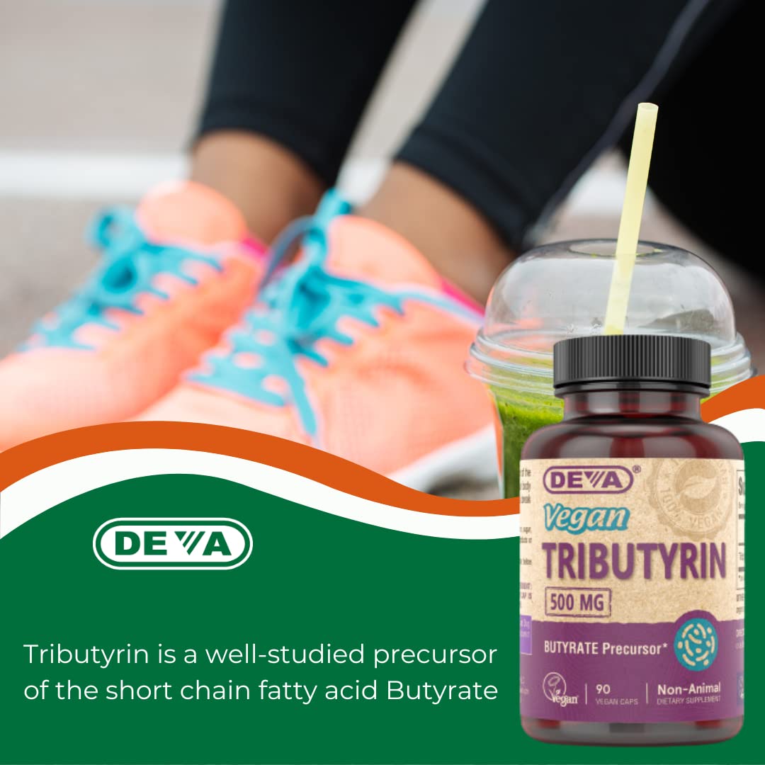 DEVA Tributyrin, etiqueta clara con ingredientes y certificaciones.