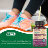 DEVA Tributyrin, etiqueta clara con ingredientes y certificaciones.