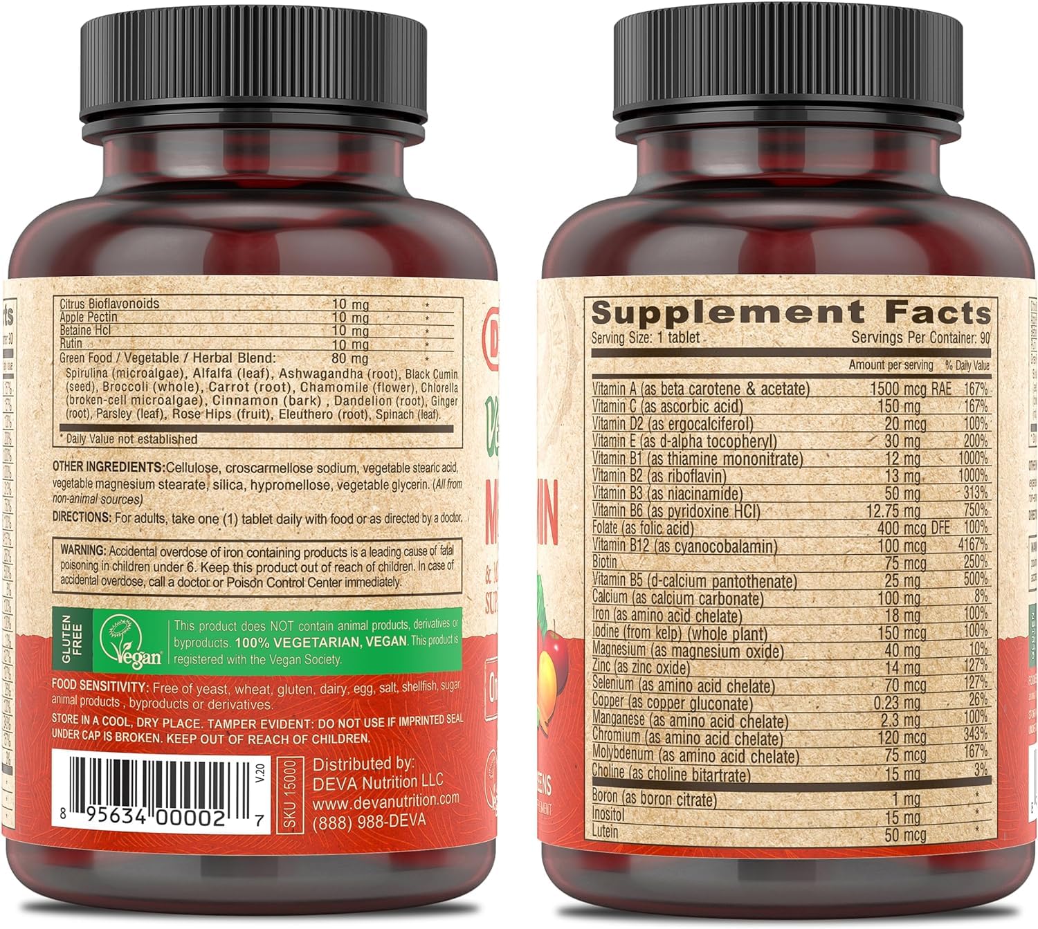 DEVA vegano: etiqueta nutricional completa para comparar nutrientes.