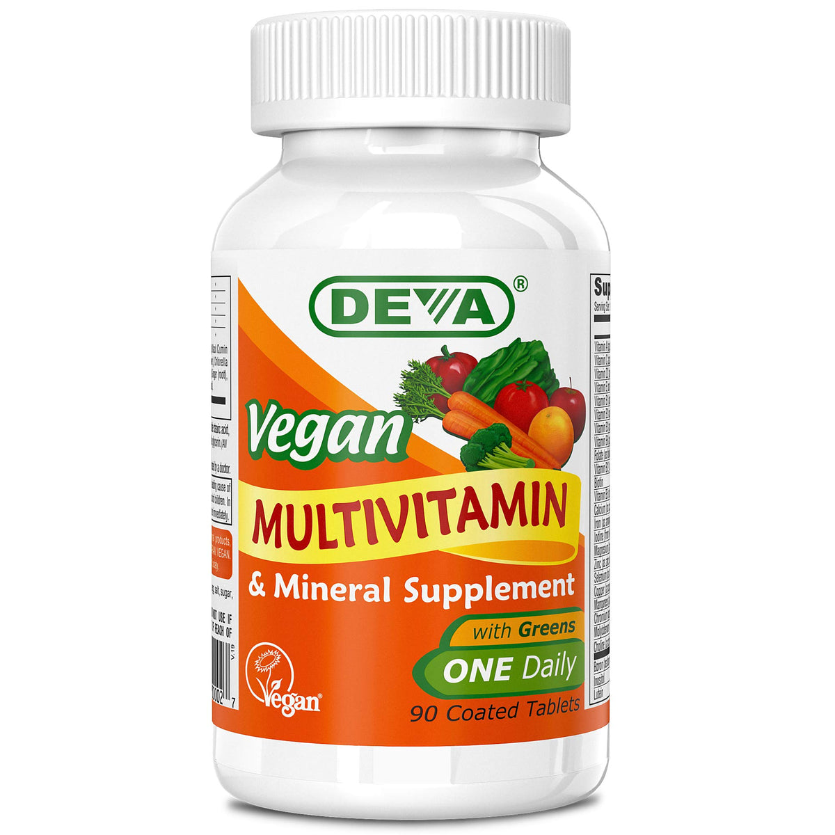 Botella de DEVA multivitamínico vegano para uso diario y bienestar.