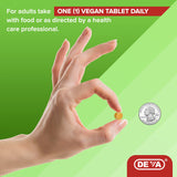 DEVA multivitamínico vegano, etiqueta nutricional visible con vitaminas clave