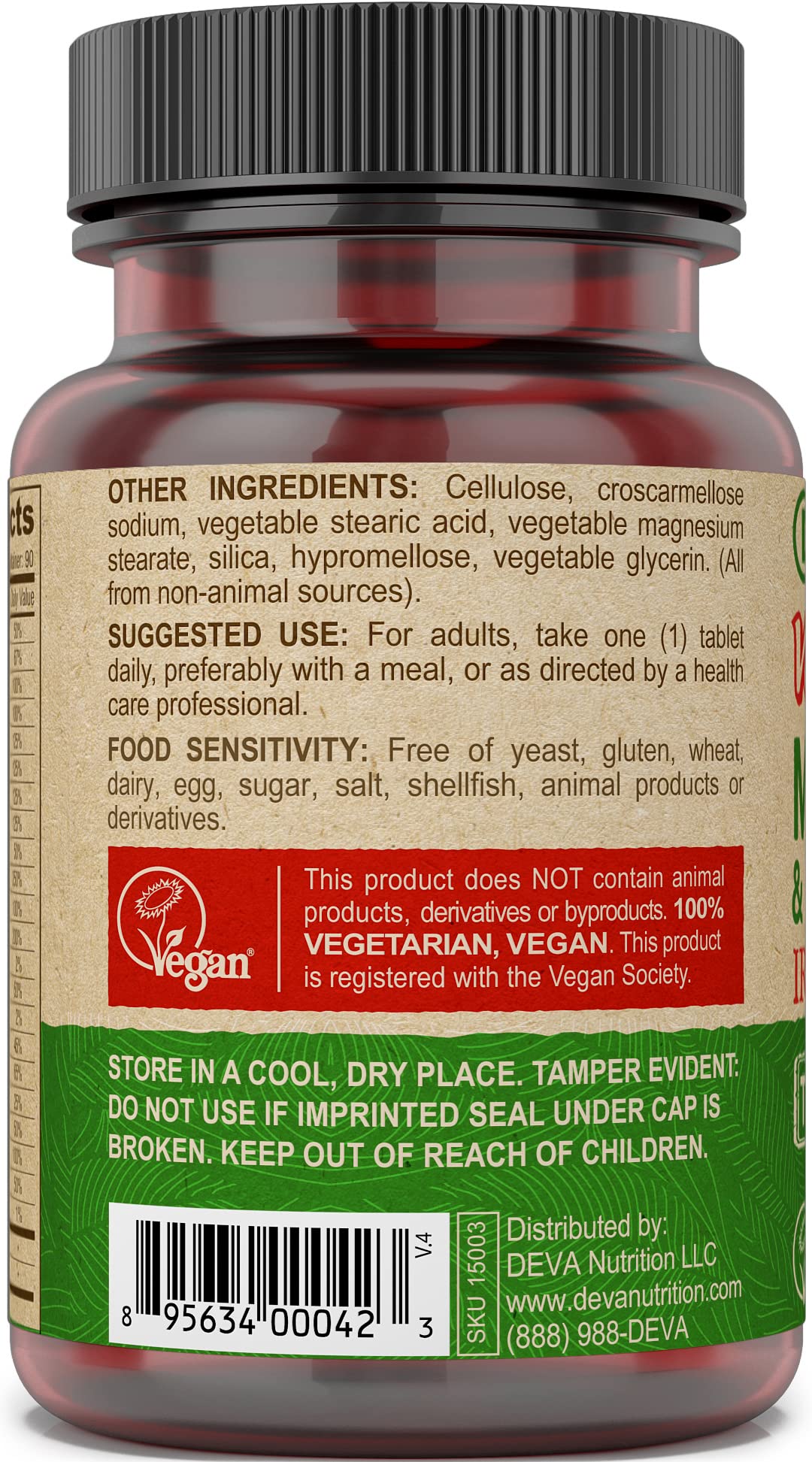 DEVA multivitamínico vegano, primer plano de ingredientes y vitaminas clave