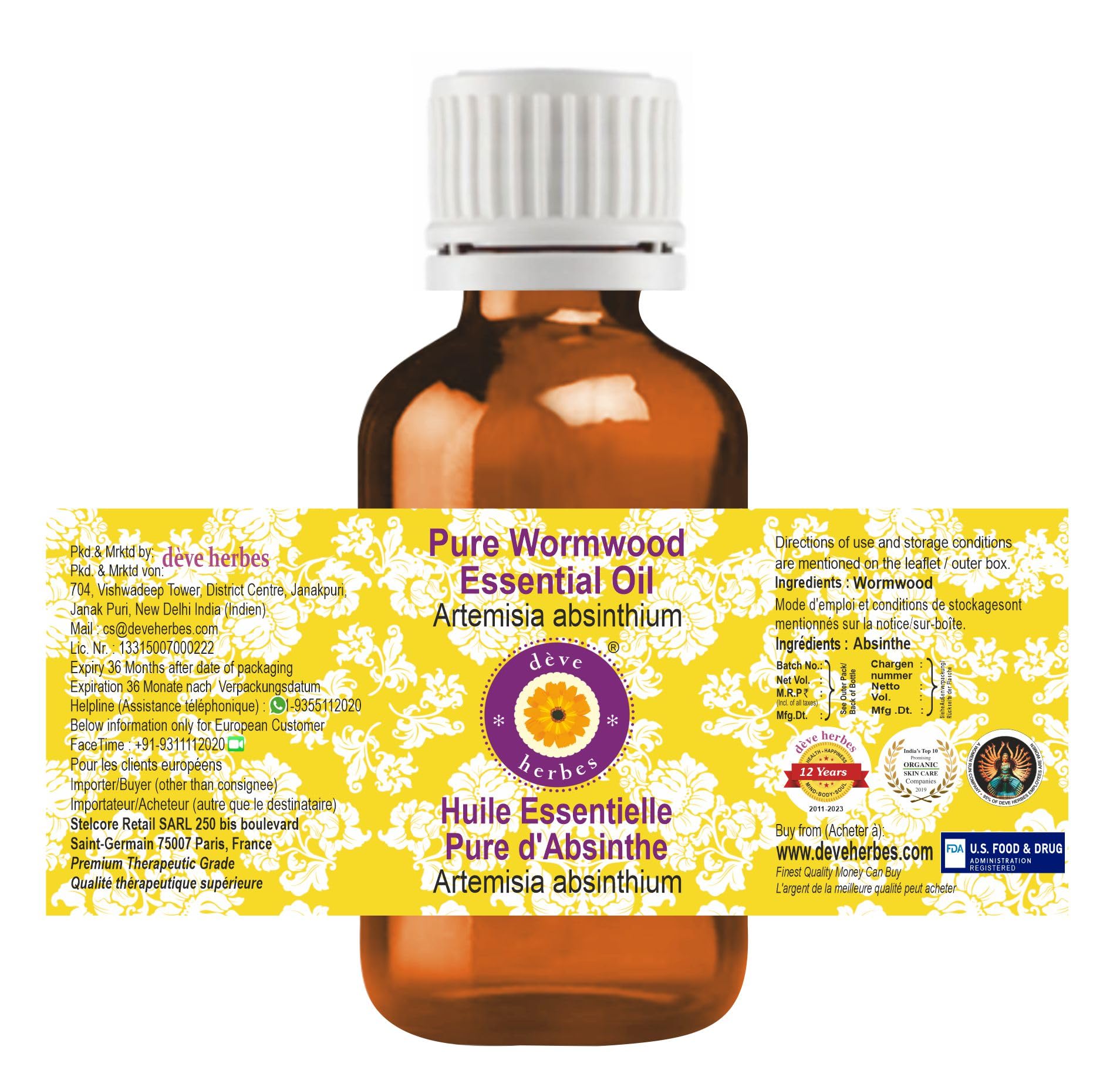 Etiqueta frontal del aceite esencial Deve Herbes, enfatiza pureza y uso cosmético.