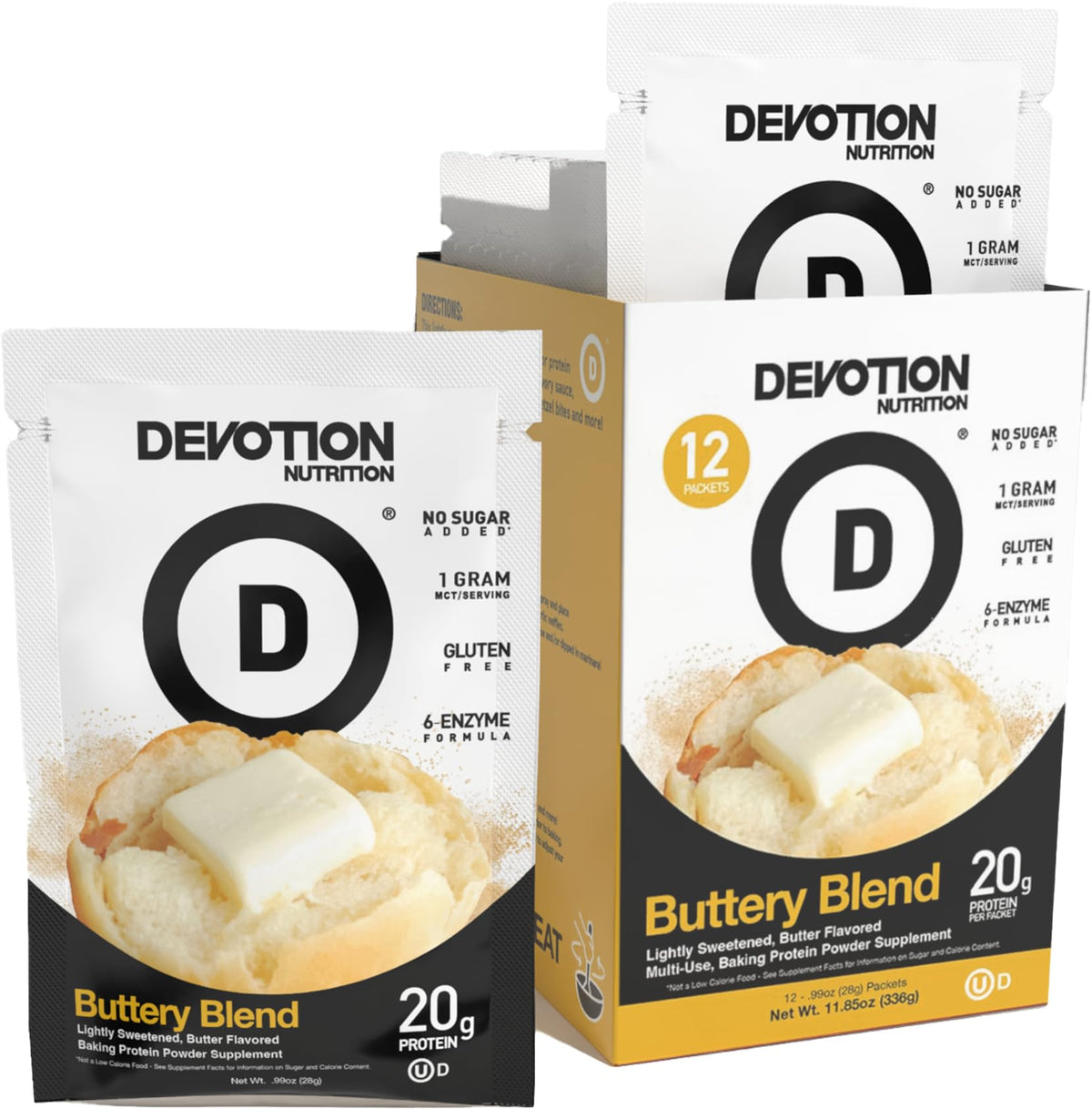 Devotion Nutrition Protein Powder Blend en empaque práctico para llevar.