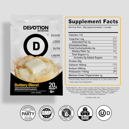 Devotion Nutrition Protein Powder Blend en paquetes individuales, dosis precisas para días ocupados.