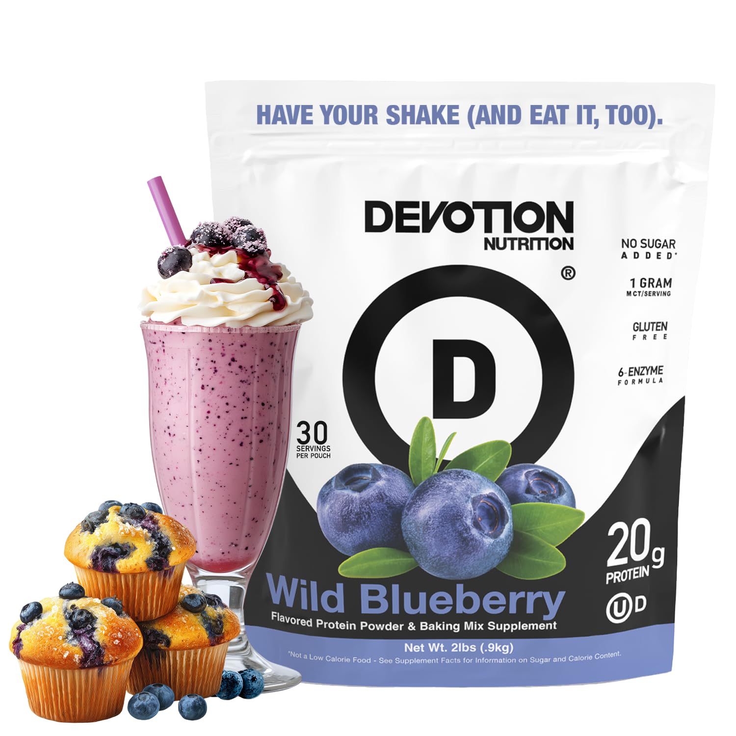 Devotion Nutrition proteína en polvo de arándano salvaje en taza para batido rápido.