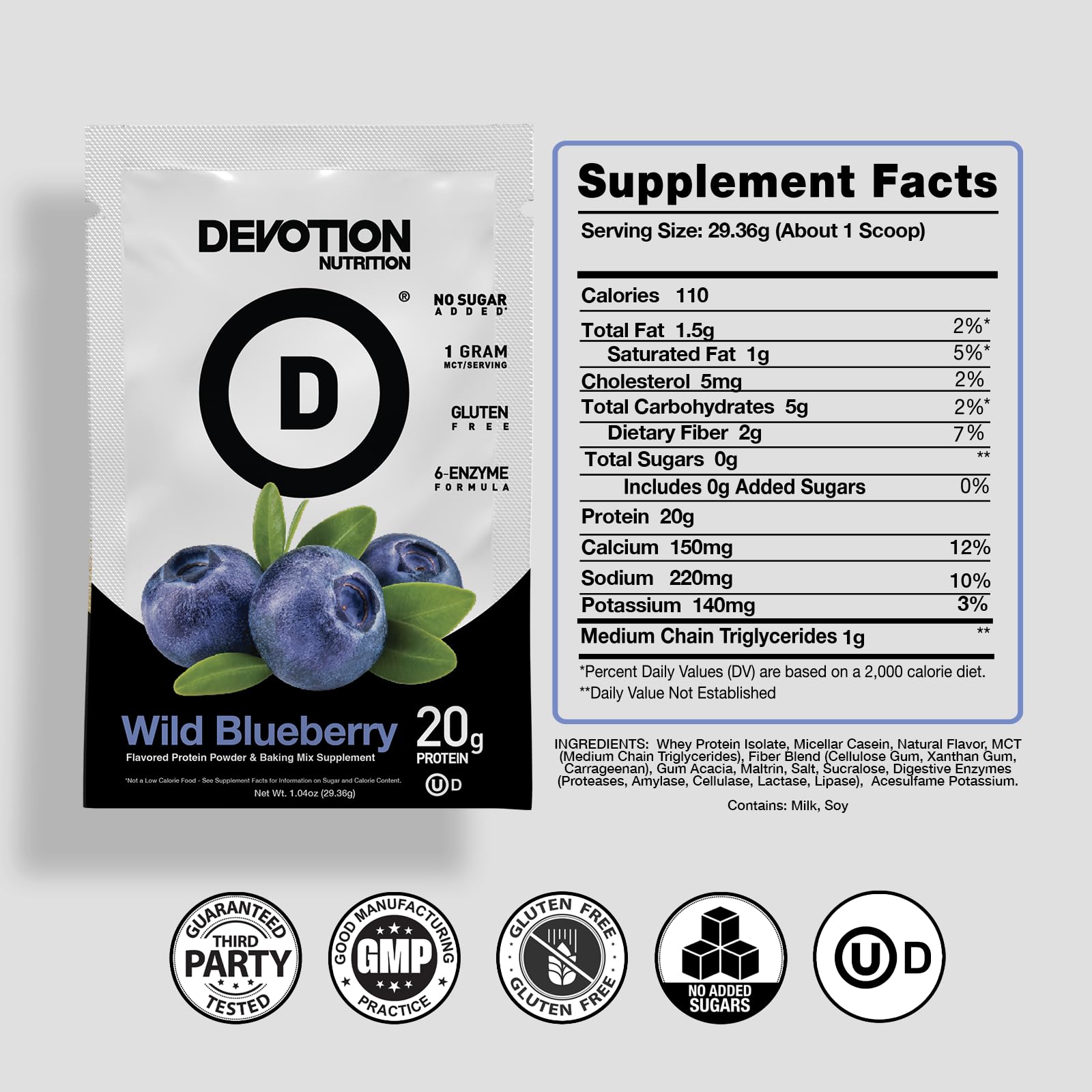 Devotion Nutrition Wild Blueberry, batido cremoso en vaso