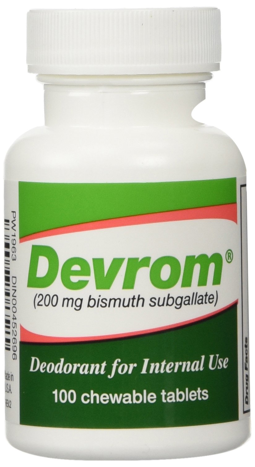 Devrom desodorizante interno, tableta masticable de 200 mg para uso diario.