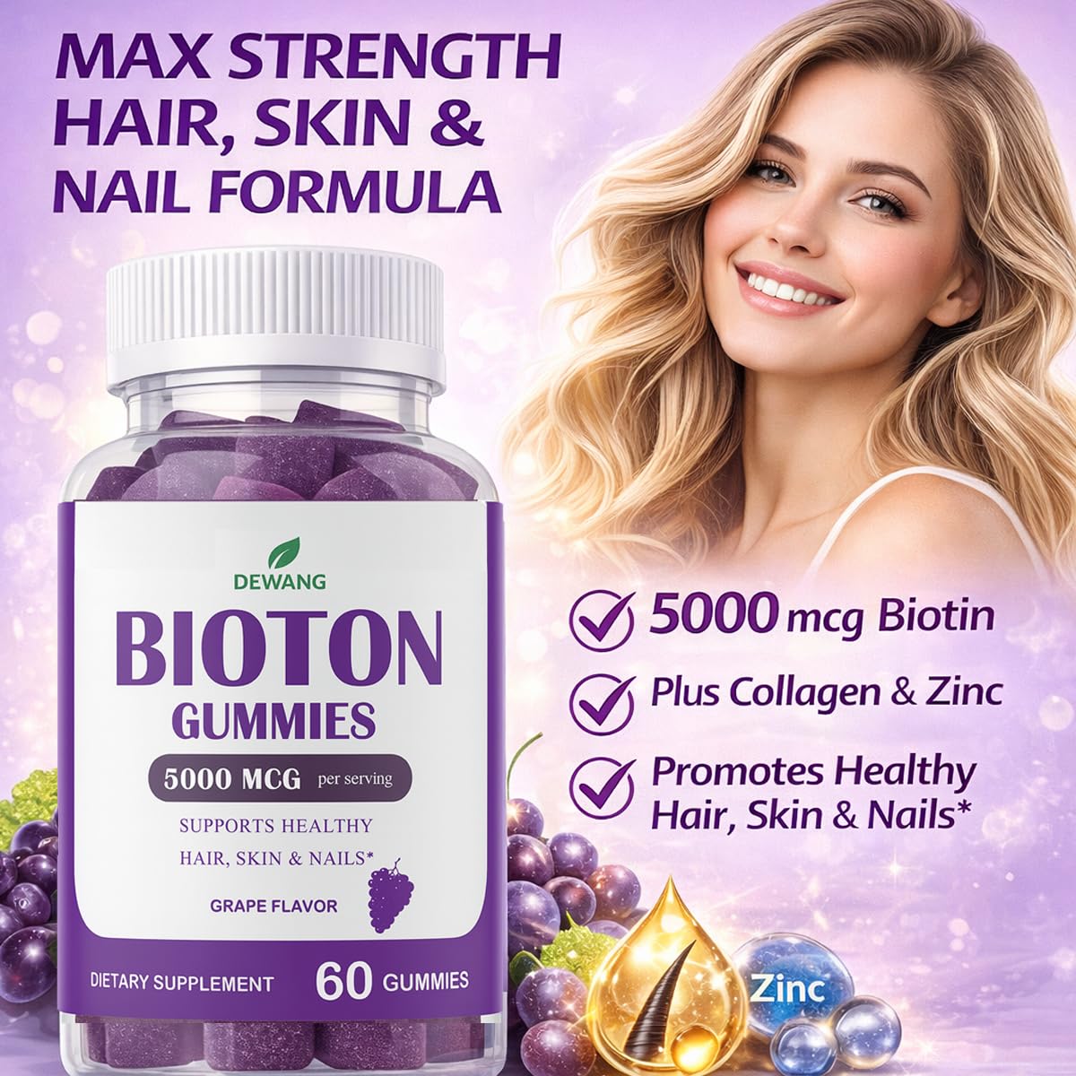 Dewang Biotina gomitas para piel radiante y uñas más resistentes.