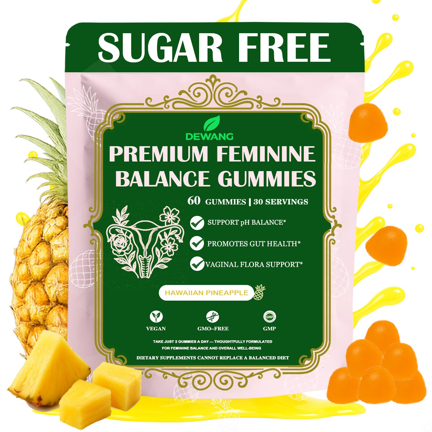 DEWANG gominolas equilibrio femenino, frente, apoyo diario para equilibrio de pH y confianza