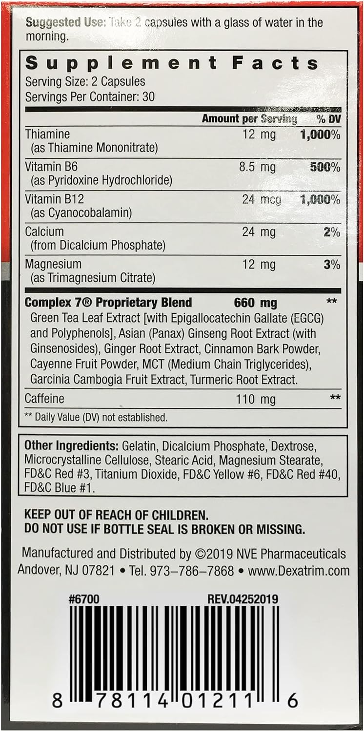 Dexatrim Max Complex-7, cápsulas en frasco aptas para uso diario.
