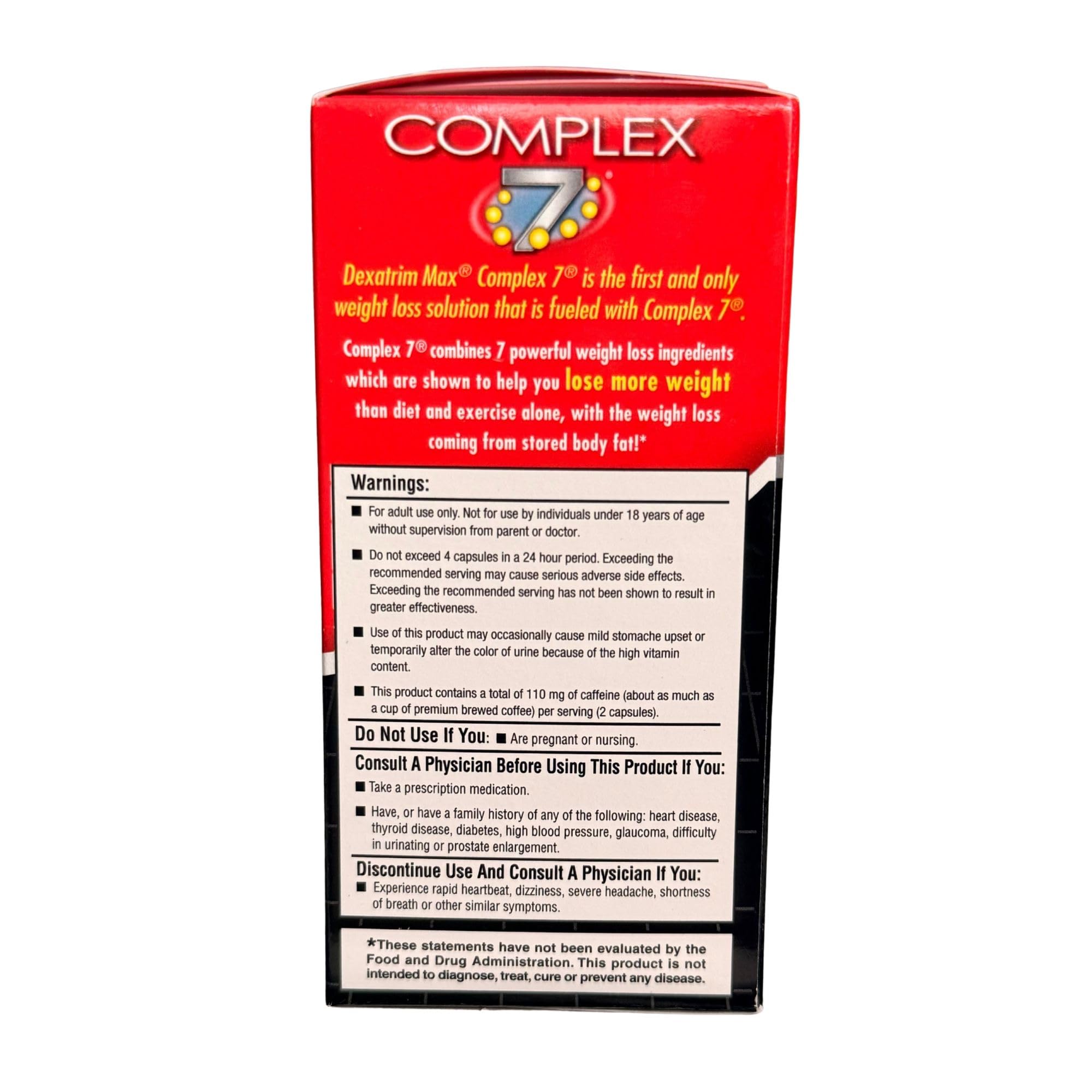 Dexatrim Max Complex-7, cierre de frasco seguro para almacenamiento correcto.