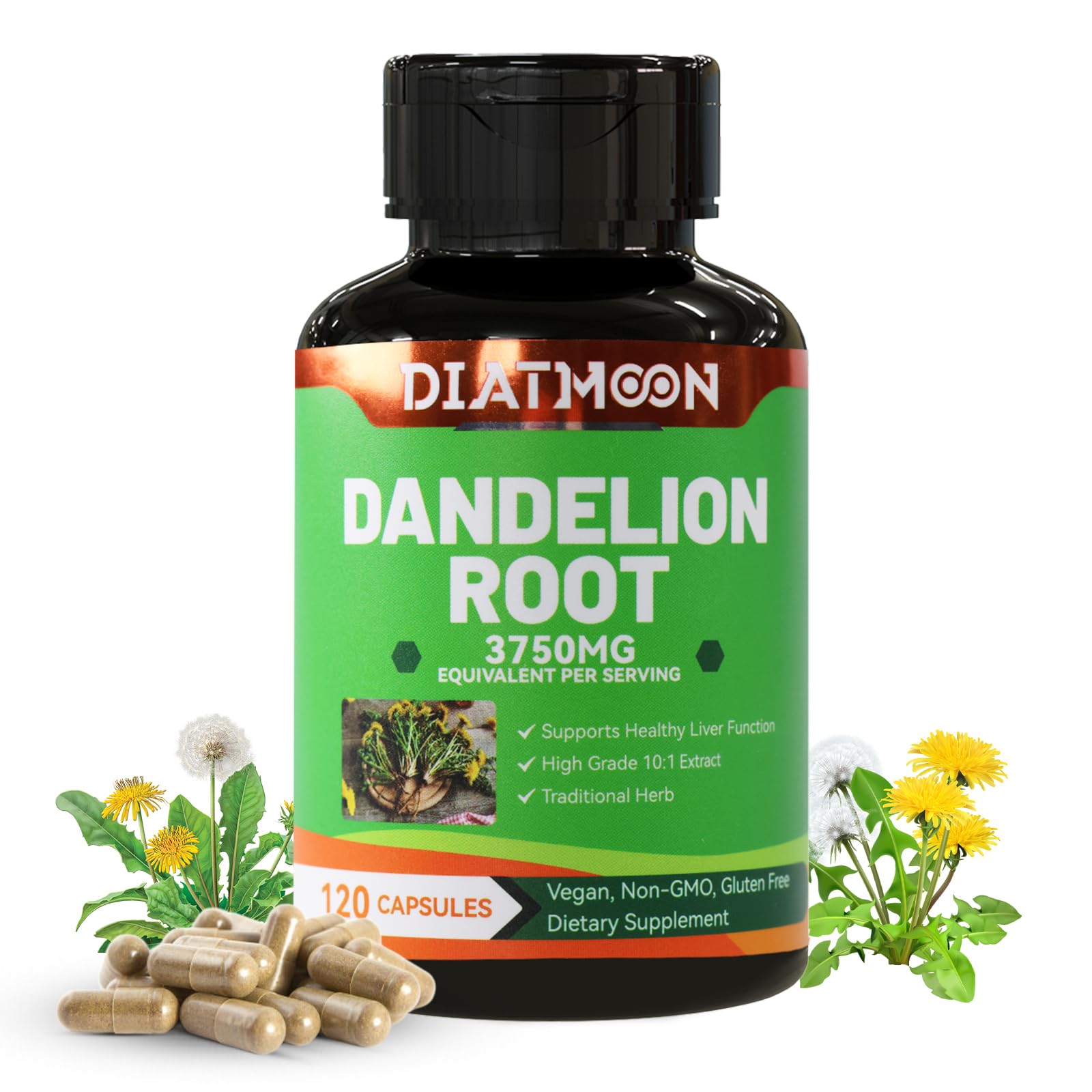 DIATMOON botella de cápsulas de diente de león para apoyo digestivo suave.