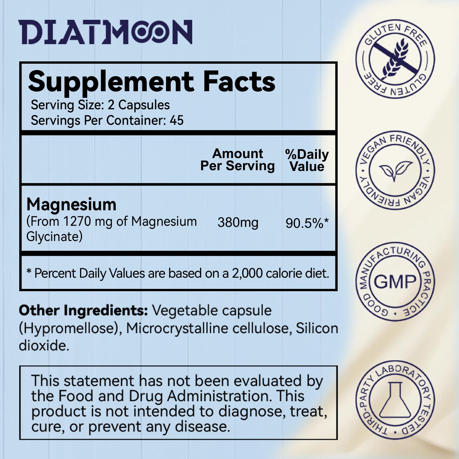 DIATMOON glicinato de magnesio cápsulas, etiqueta visible, complemento para la relajación y el foco diario
