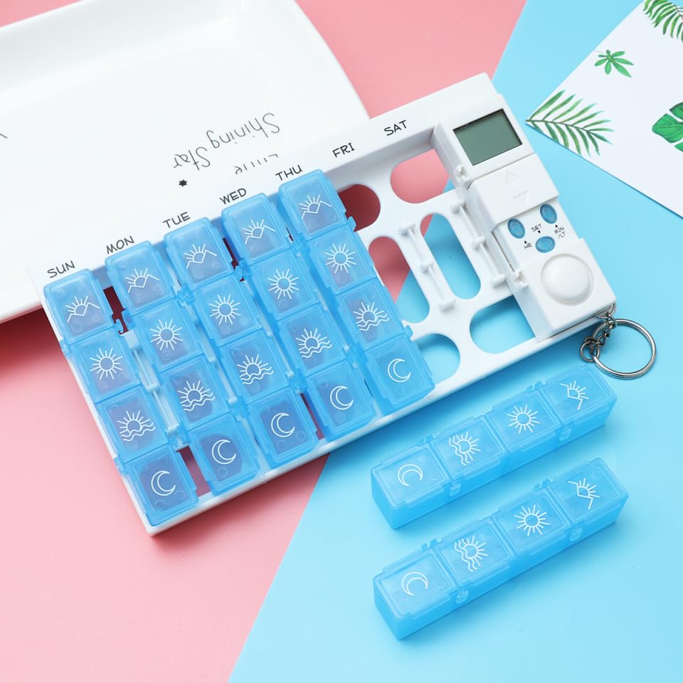 Didiseaon organizador semanal de pastillas azul, vista trasera con compartimentos numerados