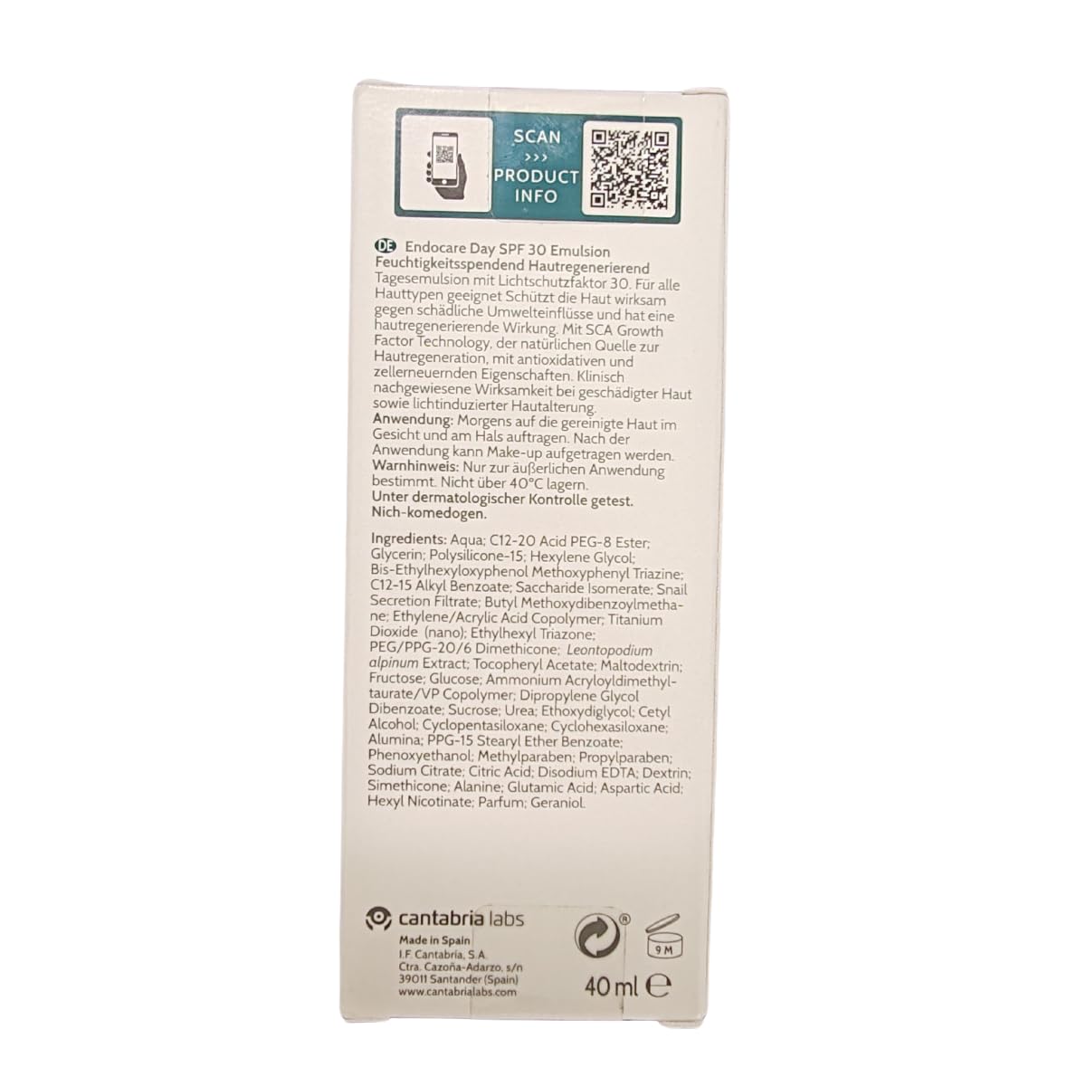 Endocare Day SPF30, textura crema, absorción rápida y protección UVA/UVB