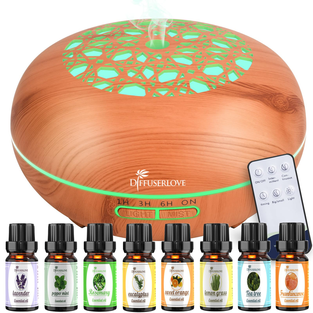 Diffuserlove difusor con control remoto y acabado madera, ideal para sala.
