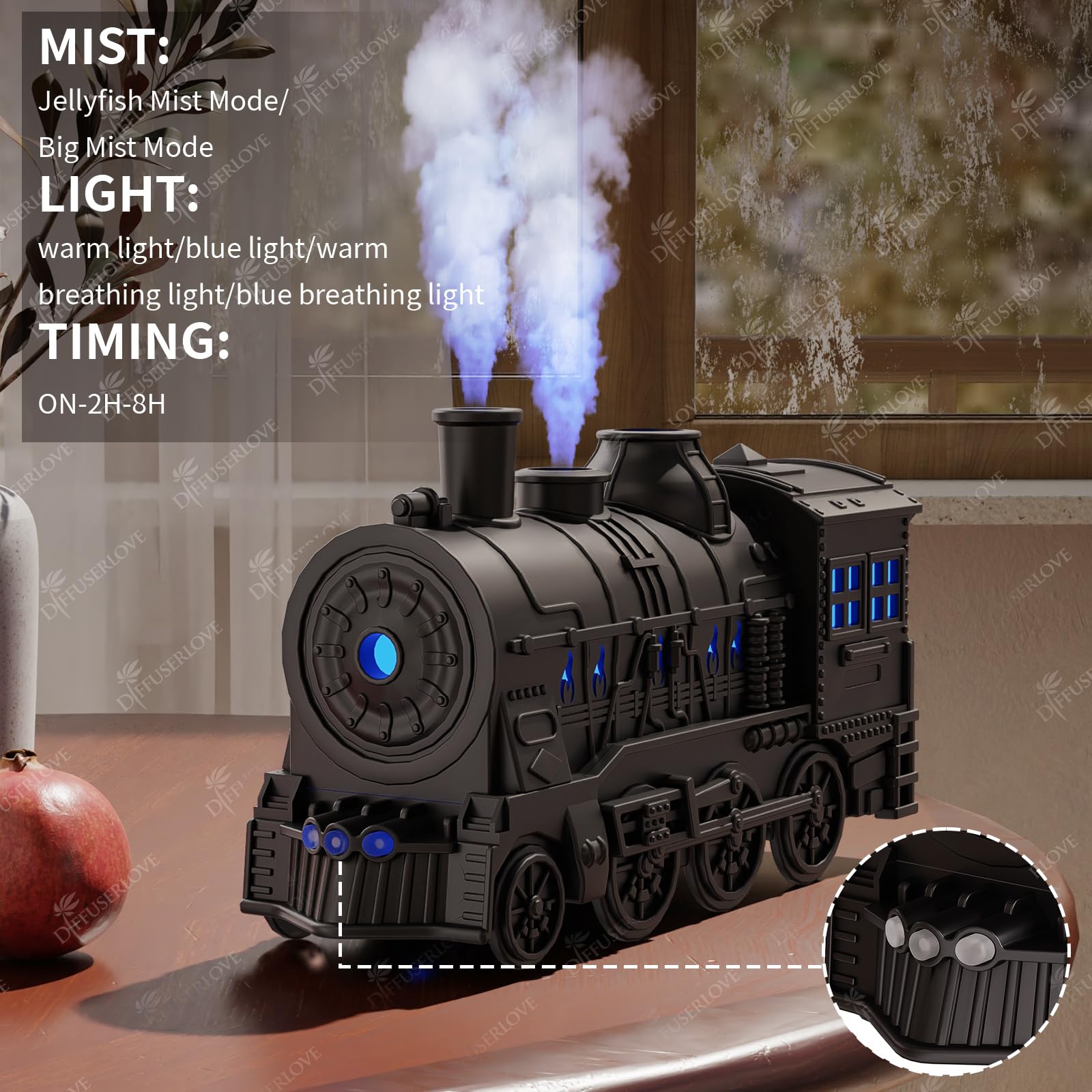Diffuserlove iluminación azul suave para crear atmósfera relajante.