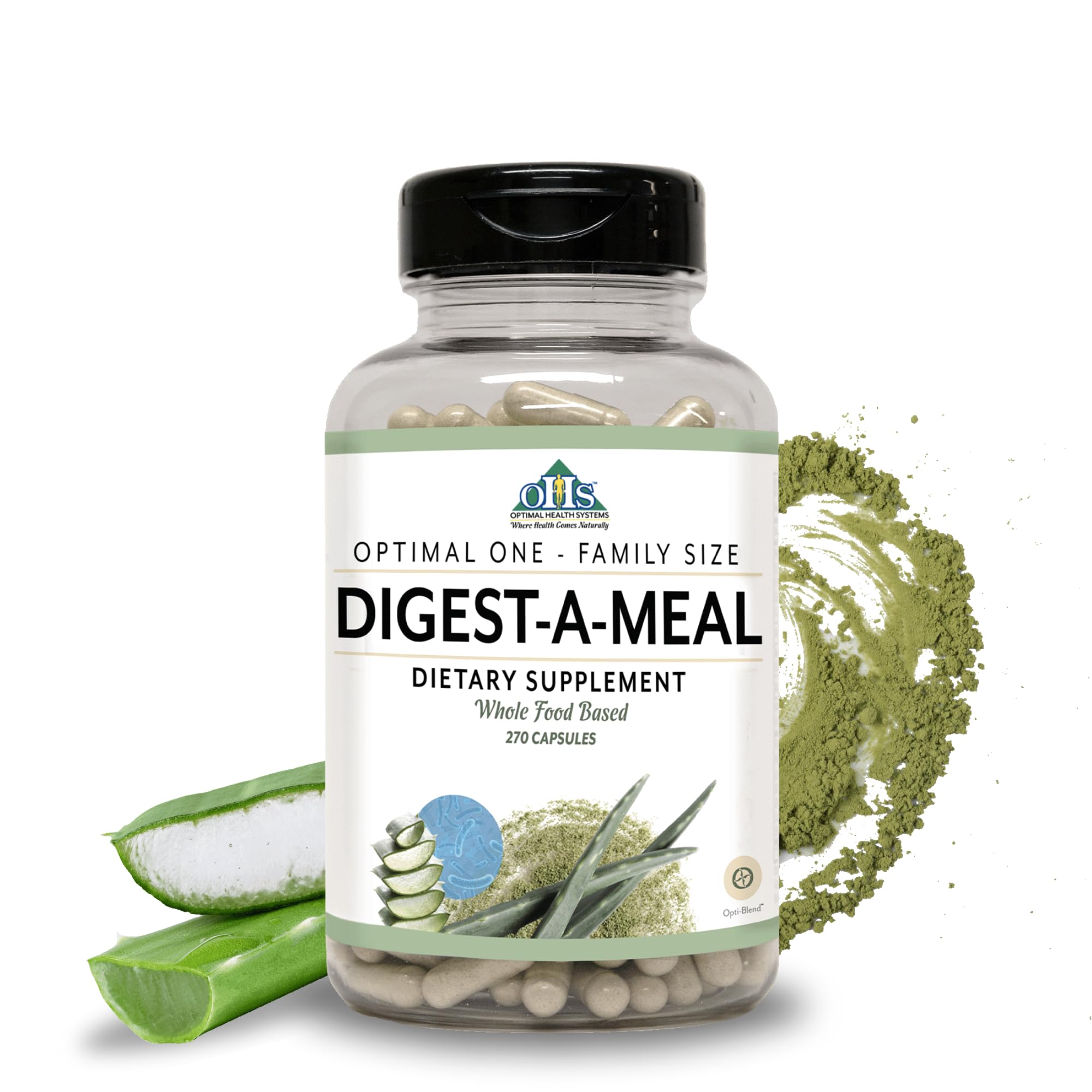 Digest-A-Meal: botella de enzimas y probióticos para apoyar la digestión diaria y absorción.