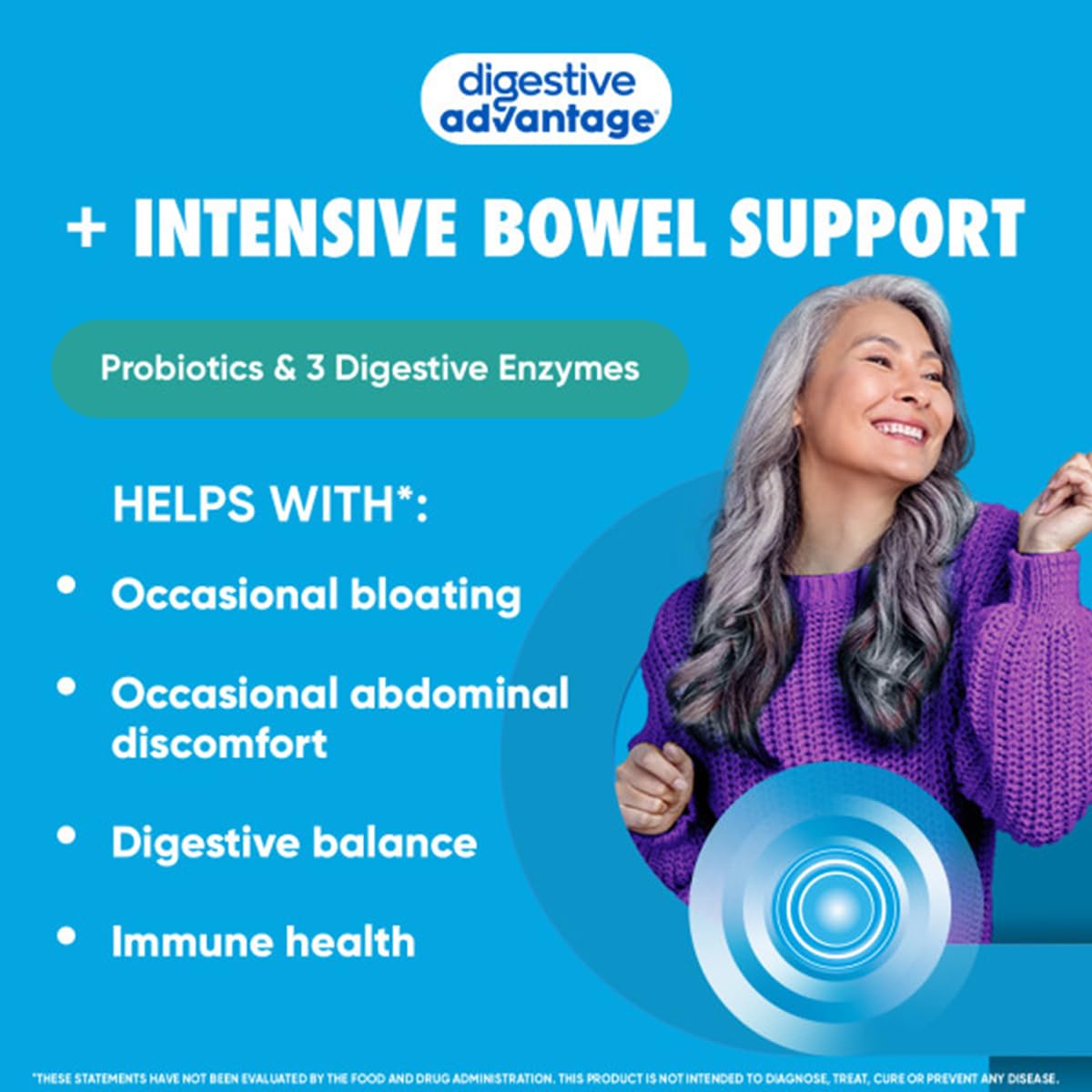 Digestive Advantage: etiqueta informativa con ingredientes y beneficios para la salud intestinal.