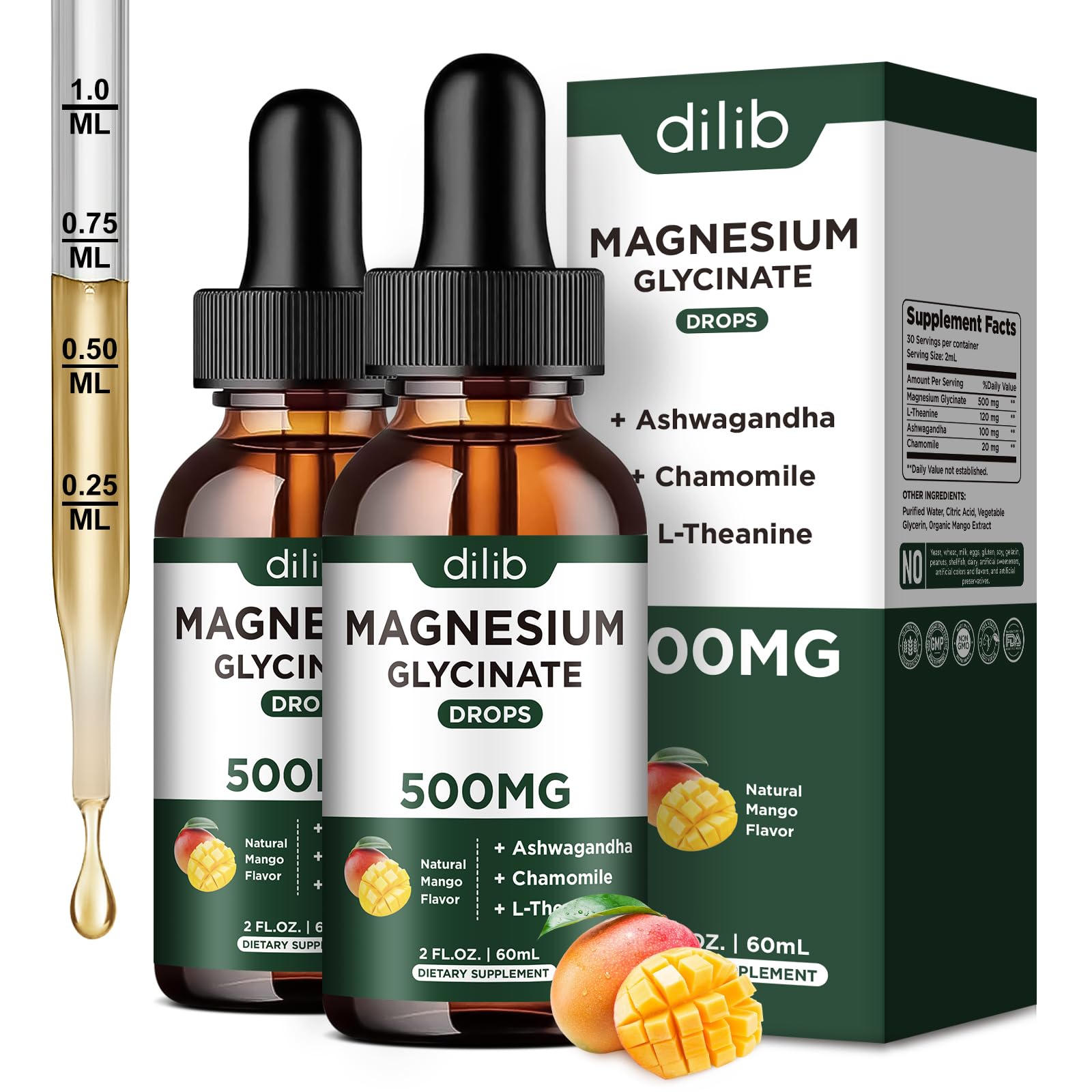Gotas de dilib glicinato de magnesio en botella para apoyo general.