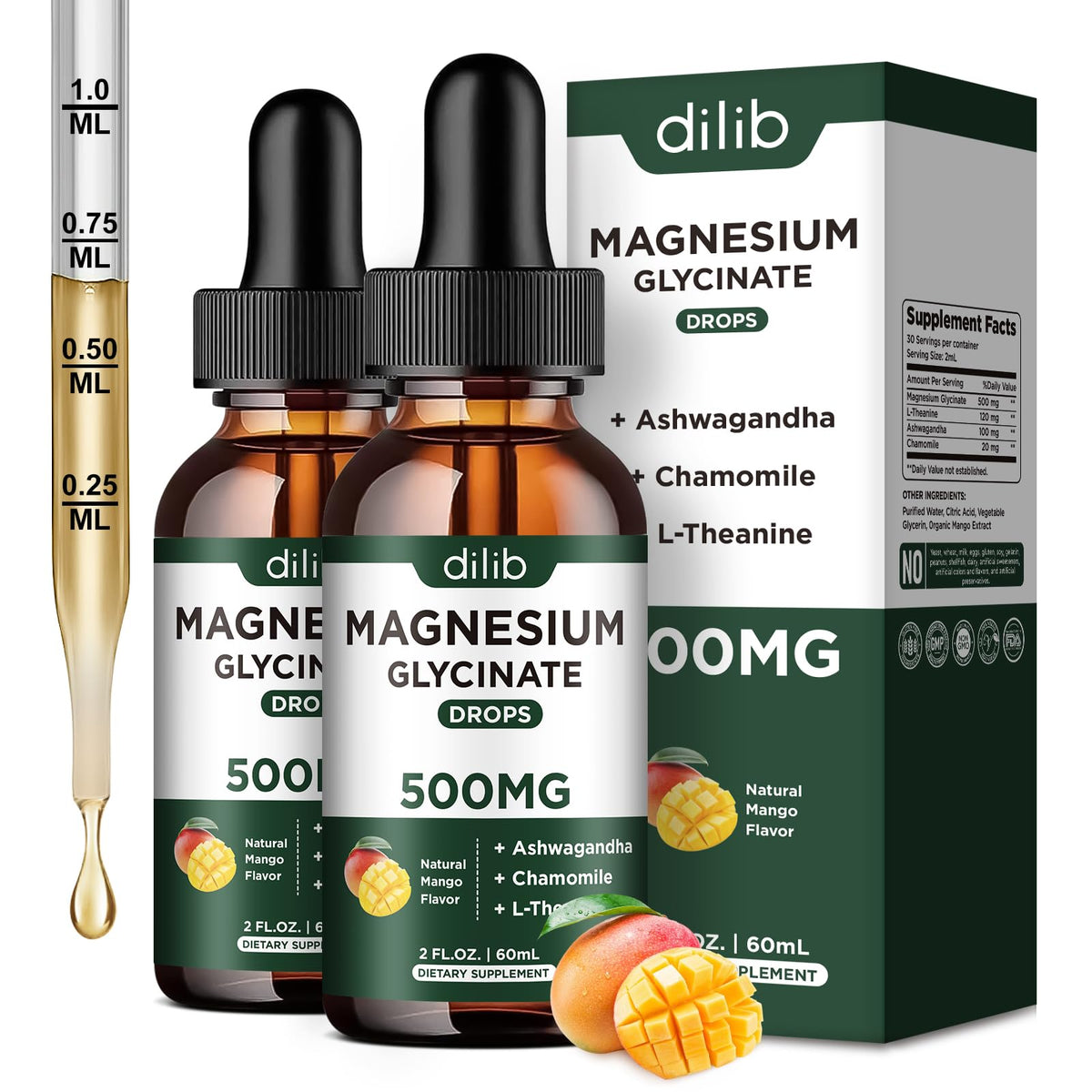 Gotas de dilib glicinato de magnesio en botella para apoyo general.