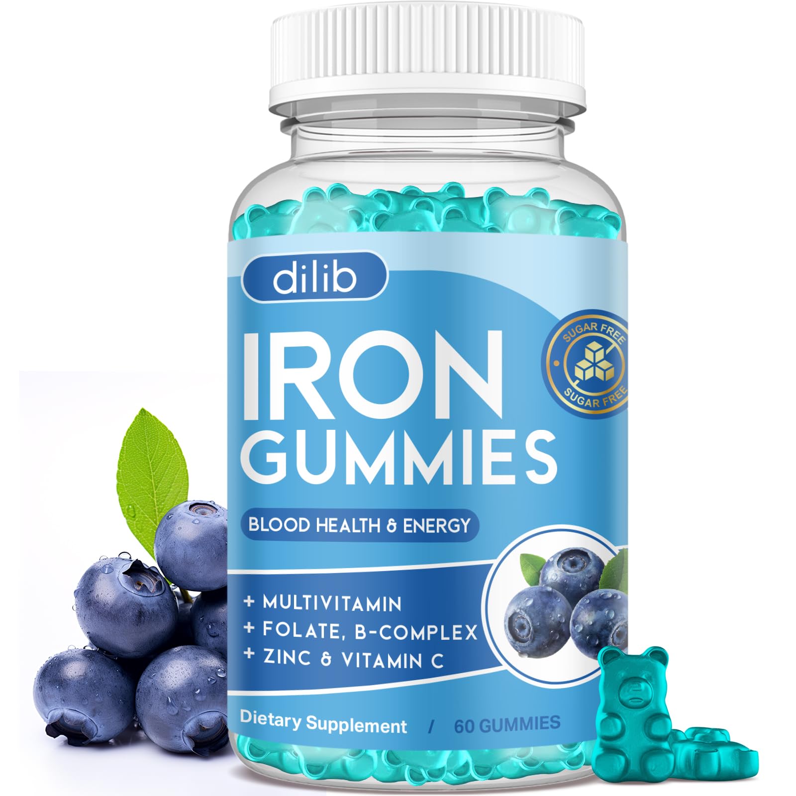 Gominolas de hierro Dilib con multivitaminas, sabor arándano, apoyo diario de energía