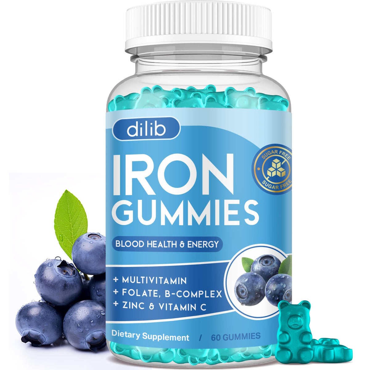 Gominolas de hierro Dilib con multivitaminas, sabor arándano, apoyo diario de energía