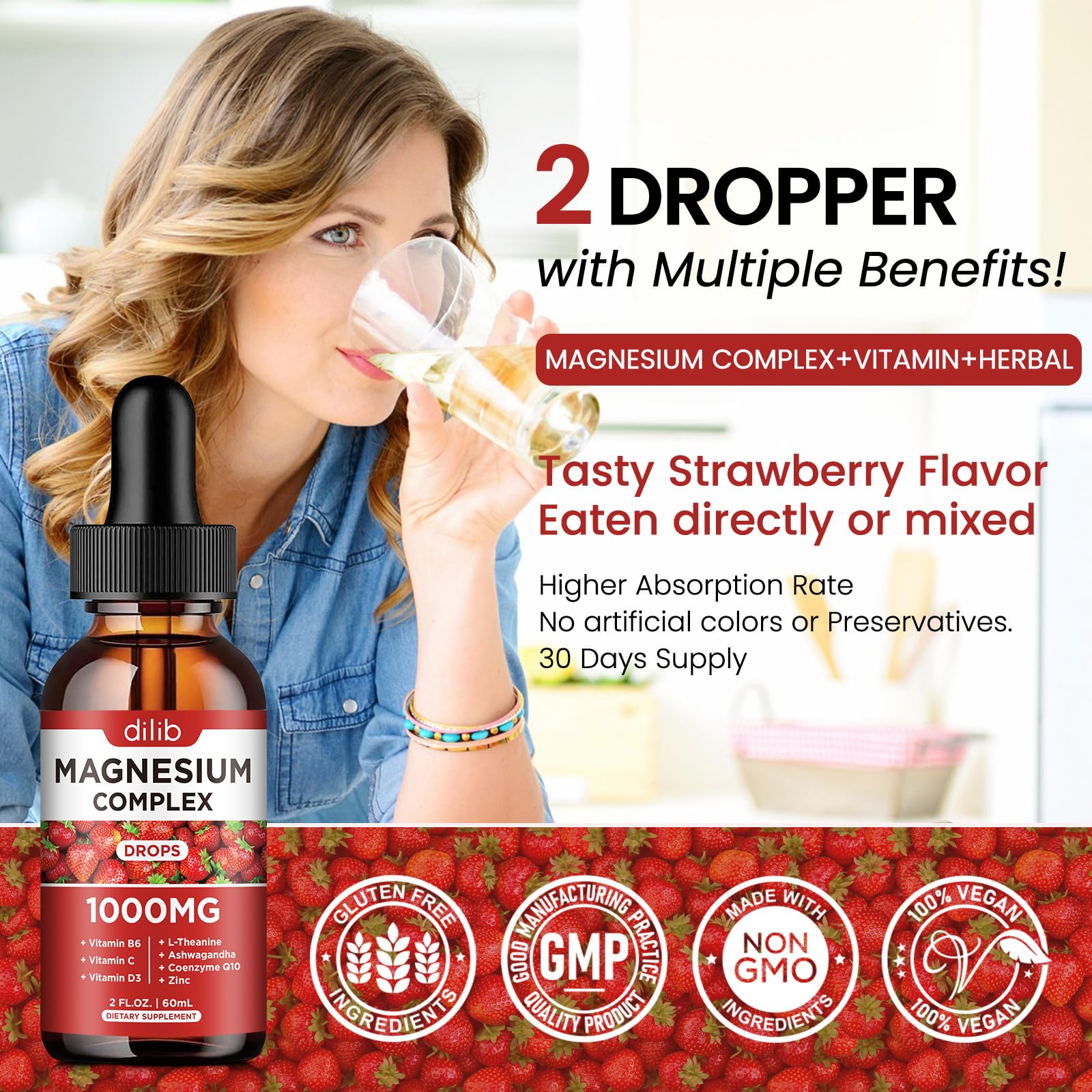 Dilib Magnesium Drops, etiqueta vegetariana, apto para dietas veganas.