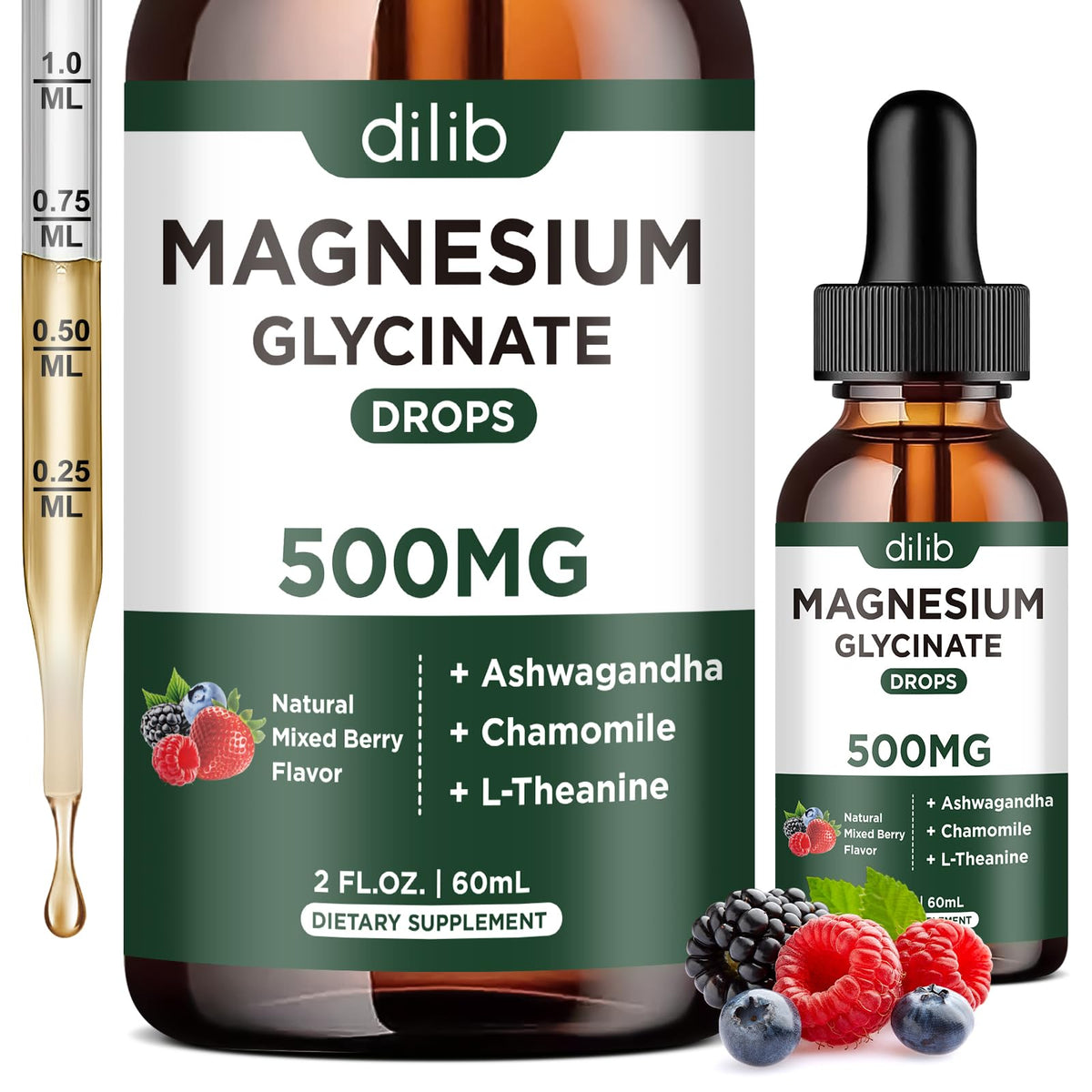 Botella de dilib magnesio glicinato líquido para ingesta diaria conveniente.