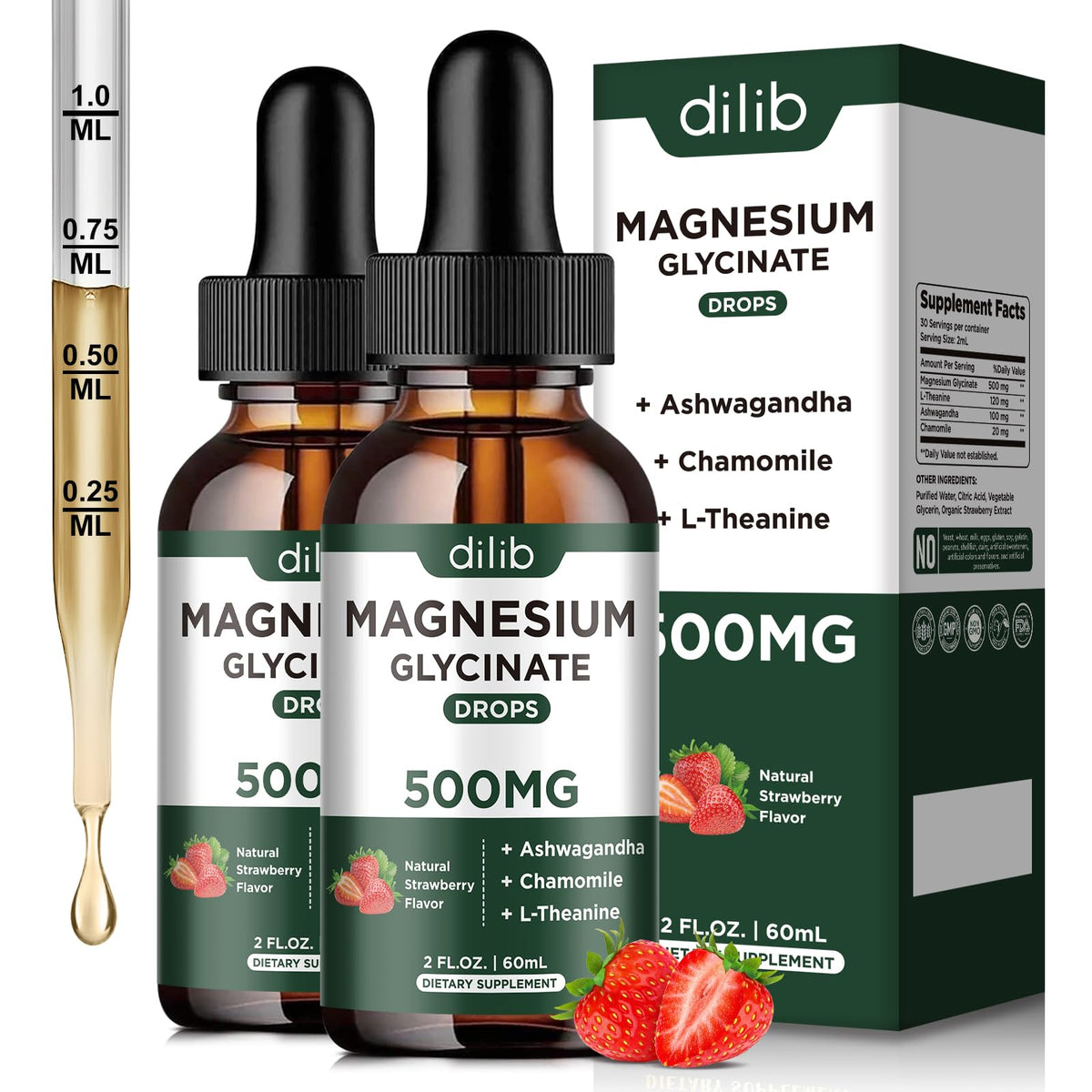 Dilib Magnesium Glycinate líquido, botella de 60 ml, apoyo diario para el bienestar.
