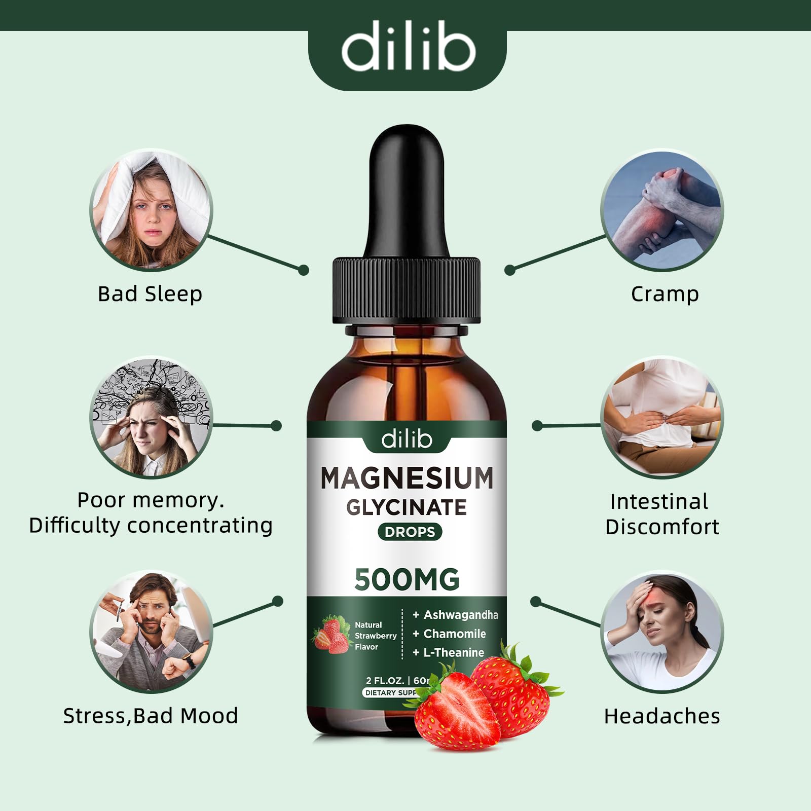 Dilib Magnesium Glycinate líquido, dosis diaria fácil de incorporar a la rutina.