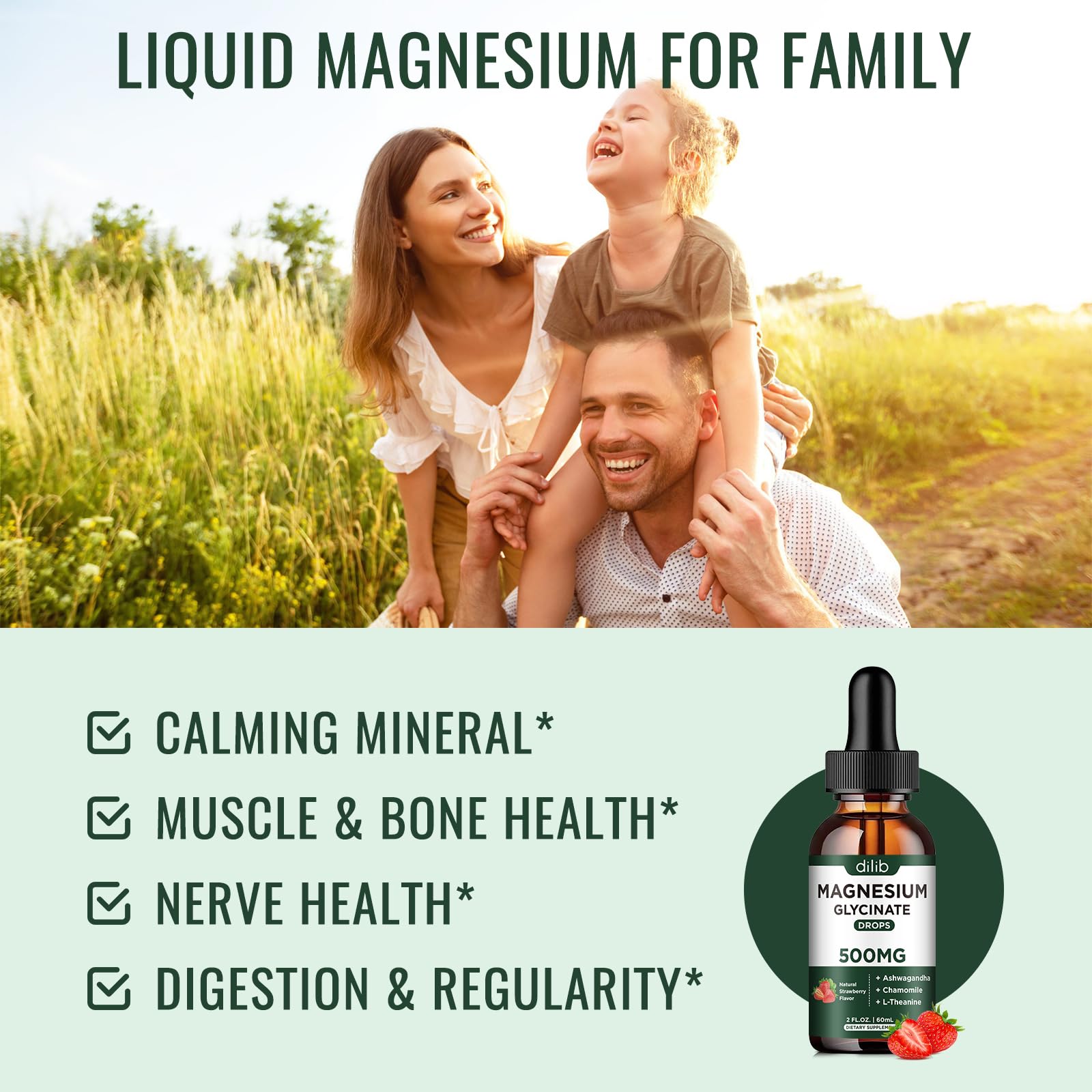 Dilib Magnesium Glycinate líquido, gotero sublingual para absorción rápida.