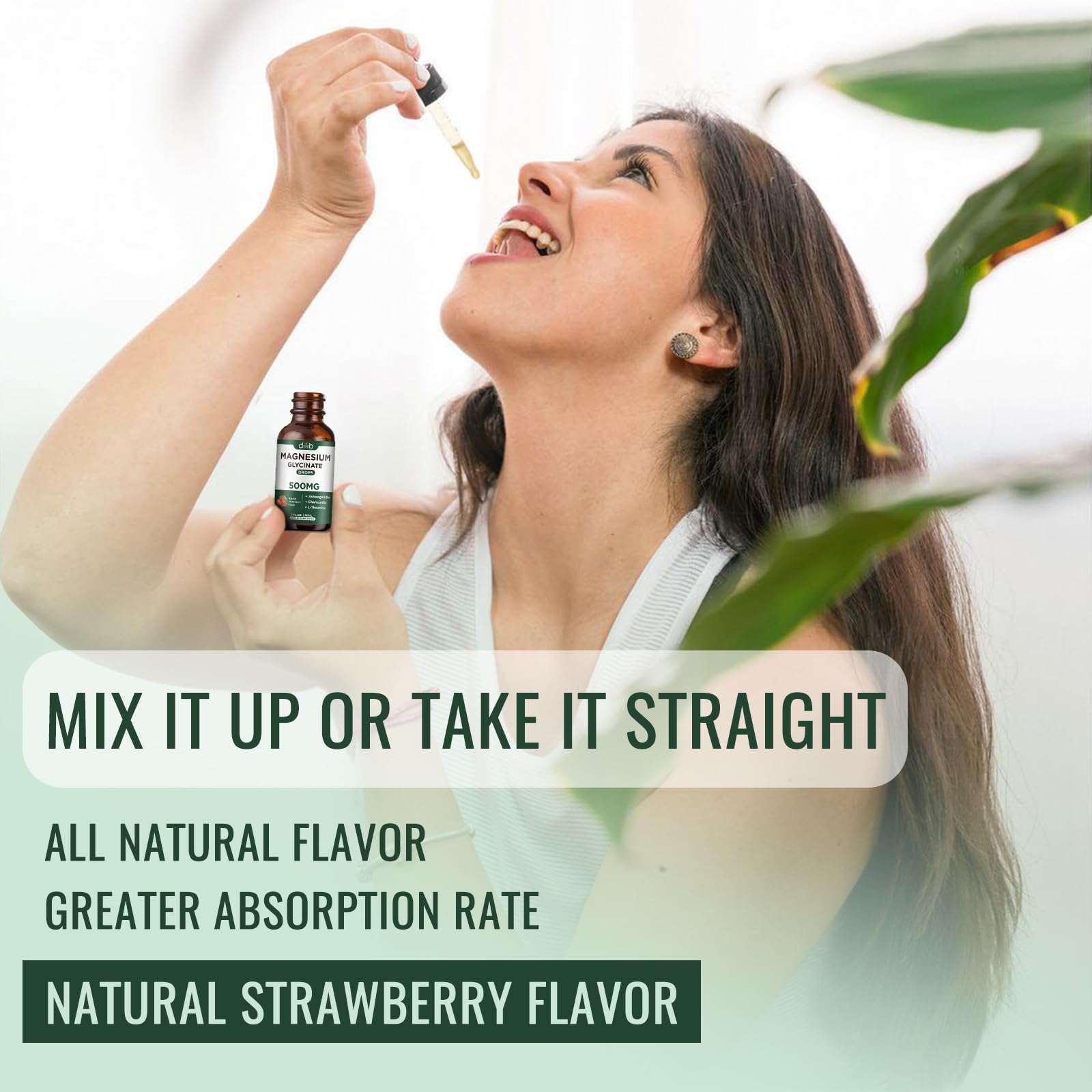 Dilib Magnesium Glycinate líquido, ingredientes clave como magnesio glicinato y L-teanina.
