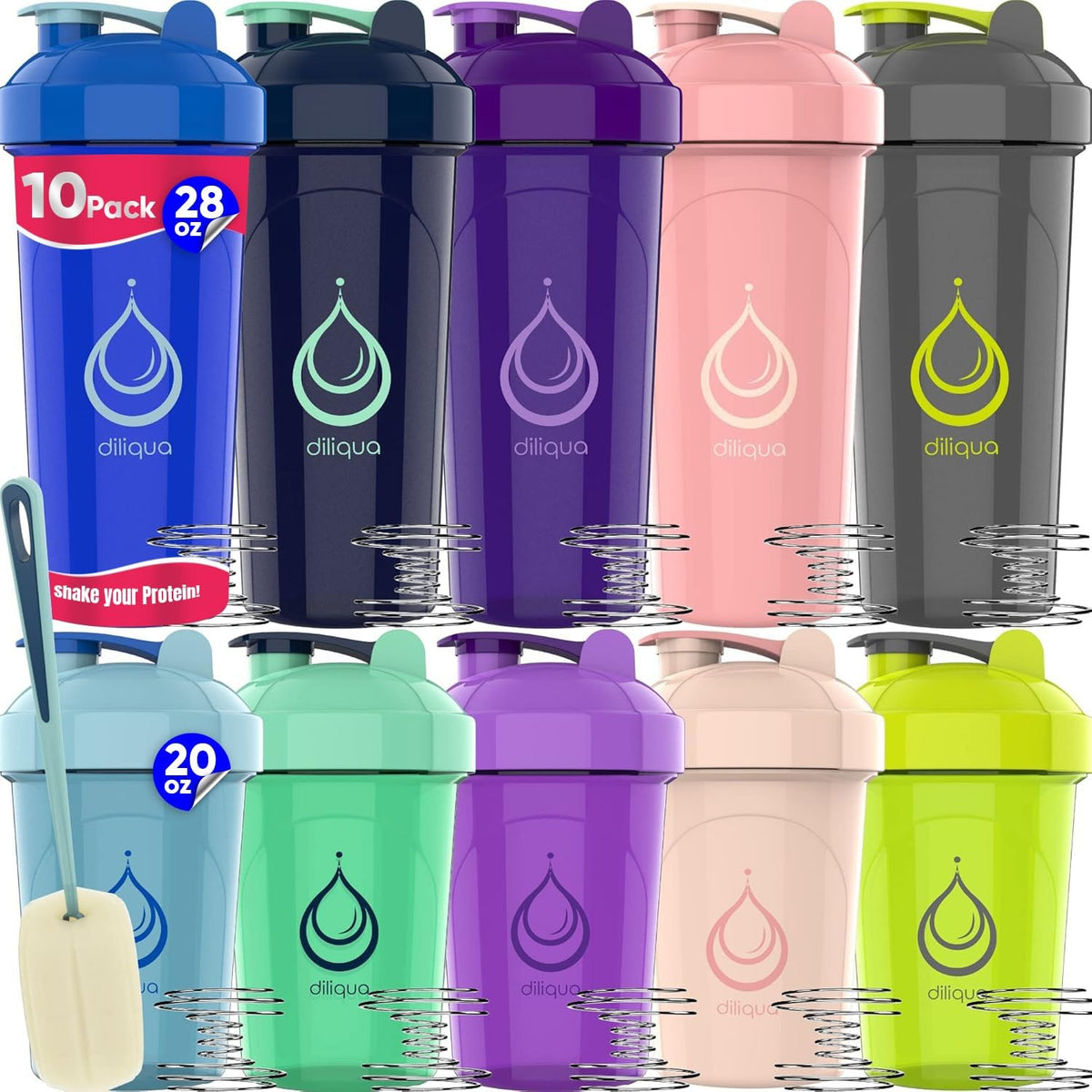 Diliqua diez-pack botellas mezcladoras con varillas para proteínas, ideal para uso diario.