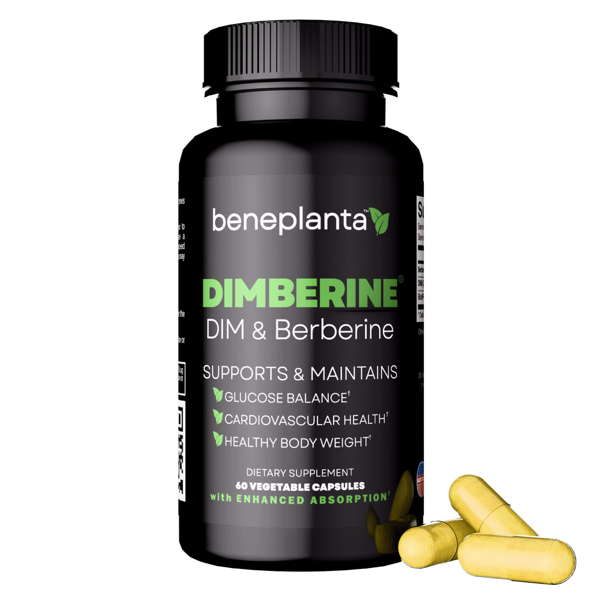 Dimberine: botella de cápsulas para uso diario y bienestar.
