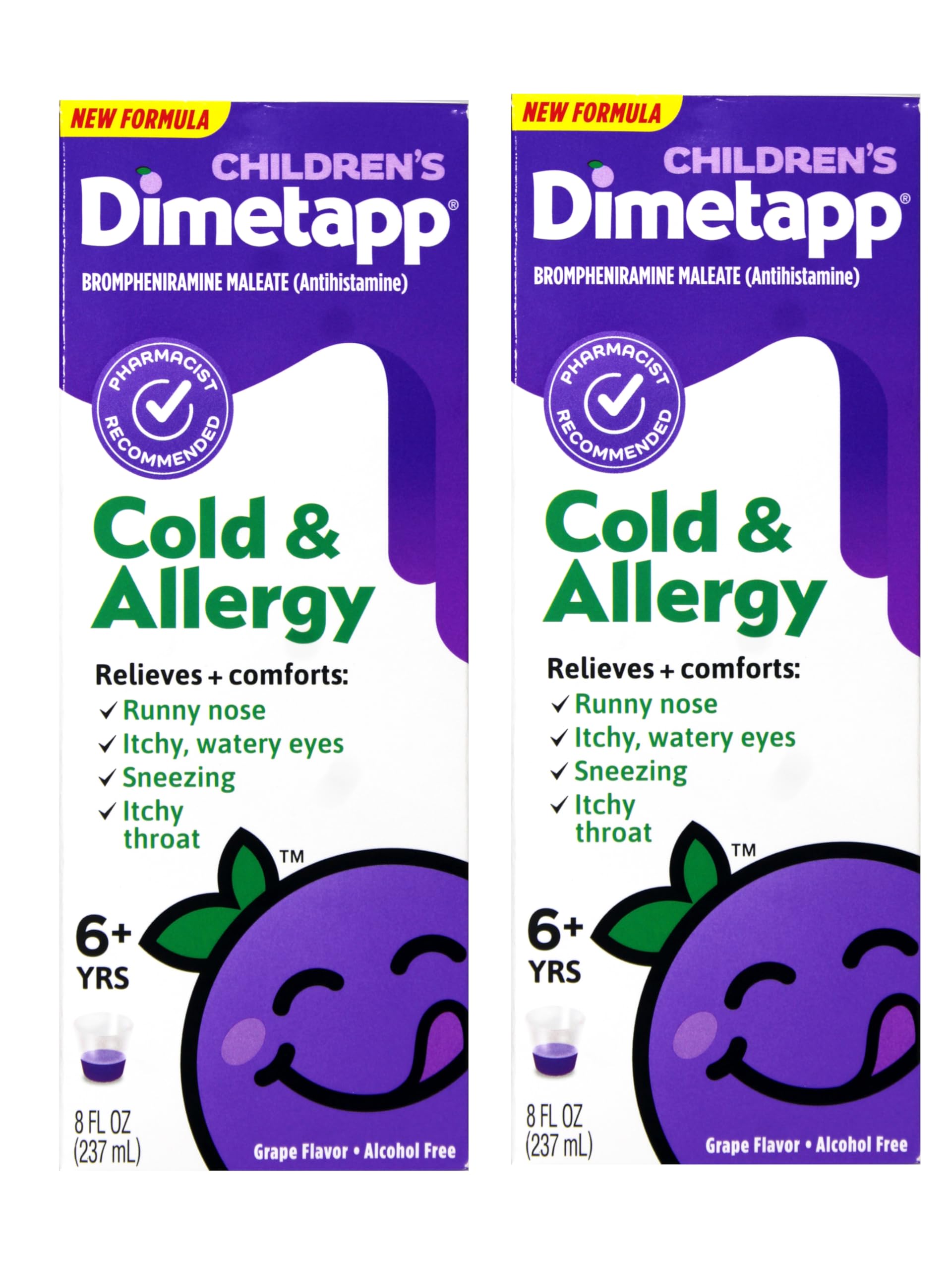 Dimetapp: botella de jarabe para niños, sabor uva, pack de 2, listo para usar.