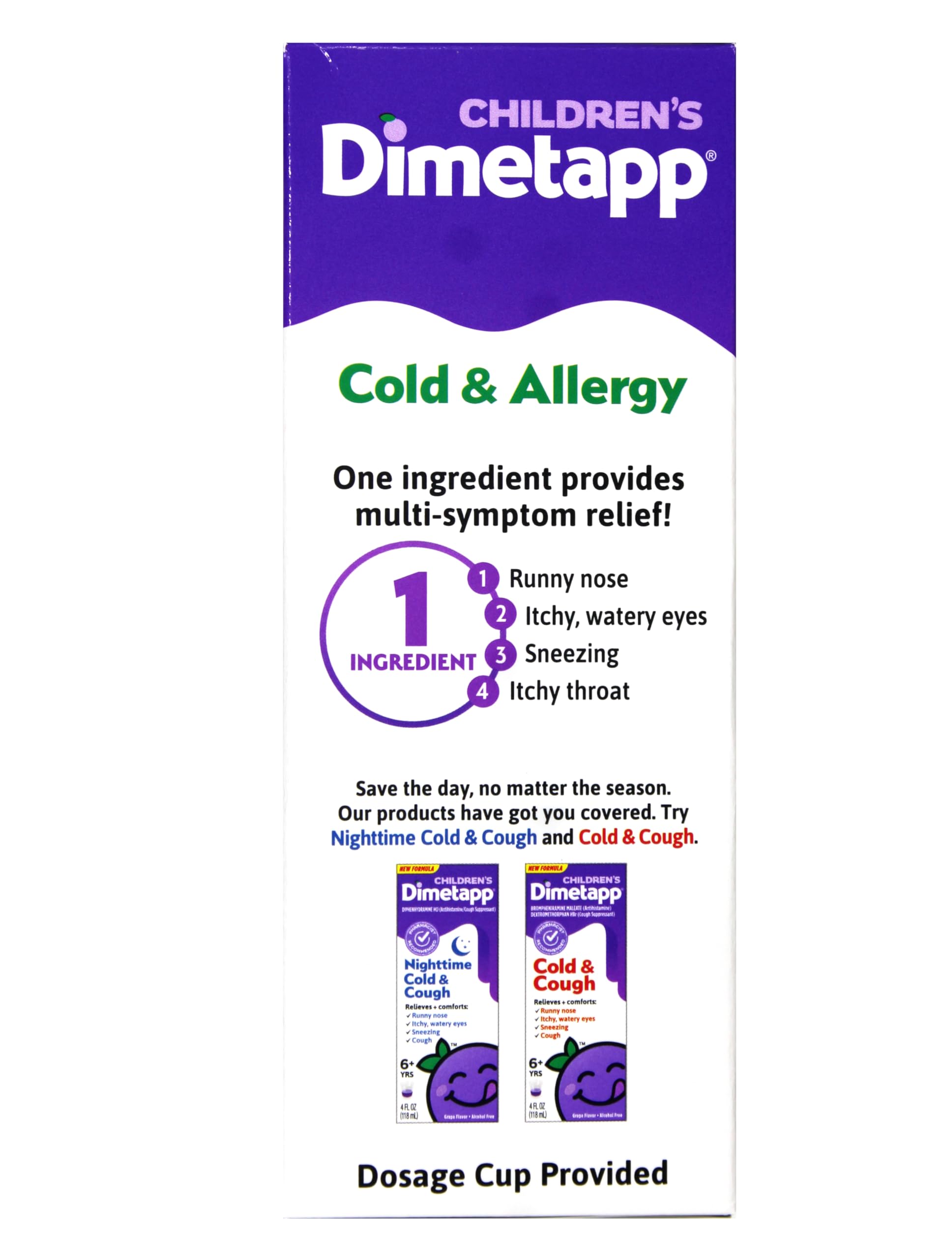 Dimetapp: verter el jarabe con sabor uva para dosis seguras.