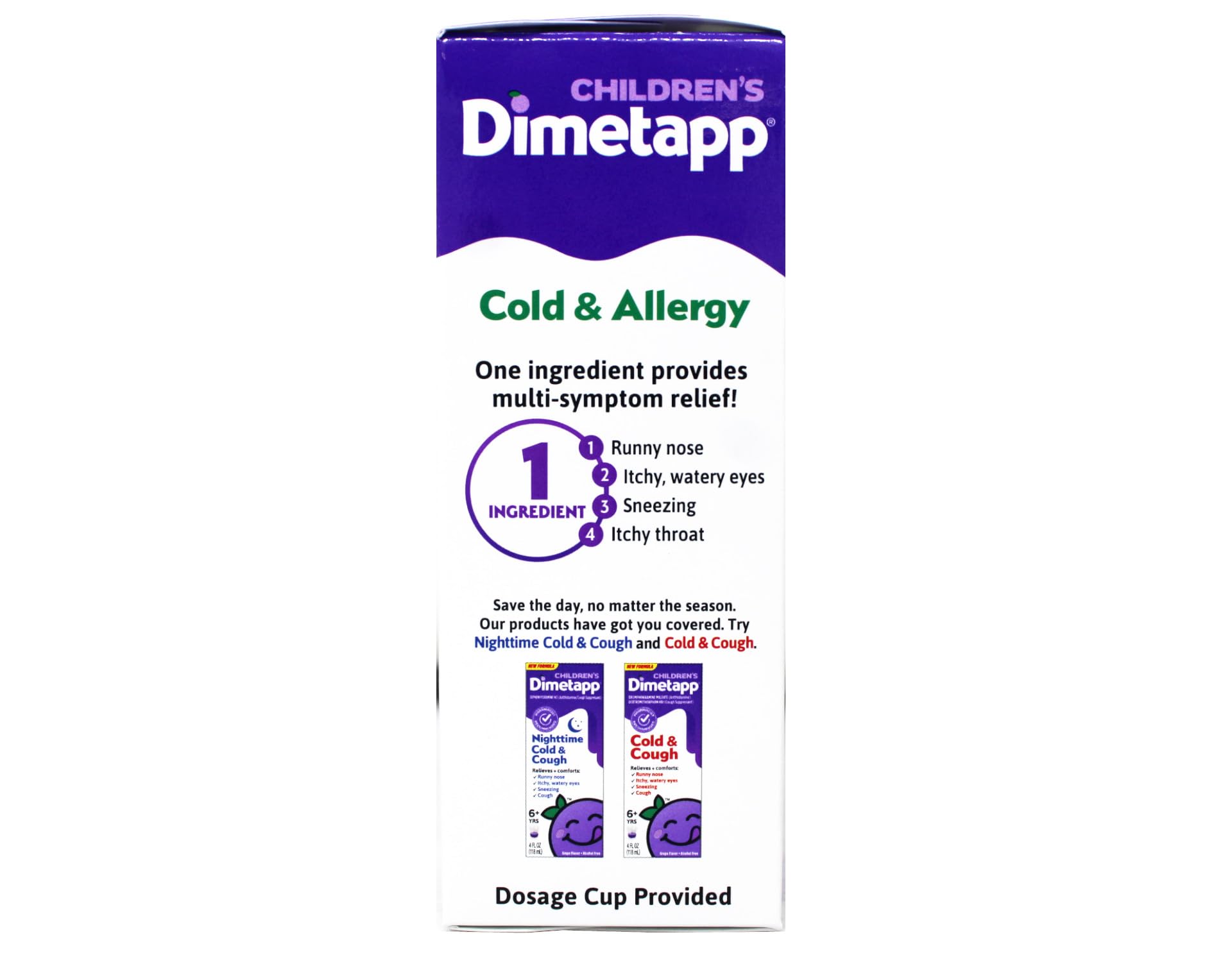 Dimetapp Elixir para niños: etiqueta clara con sabor a uva y uso recomendado.