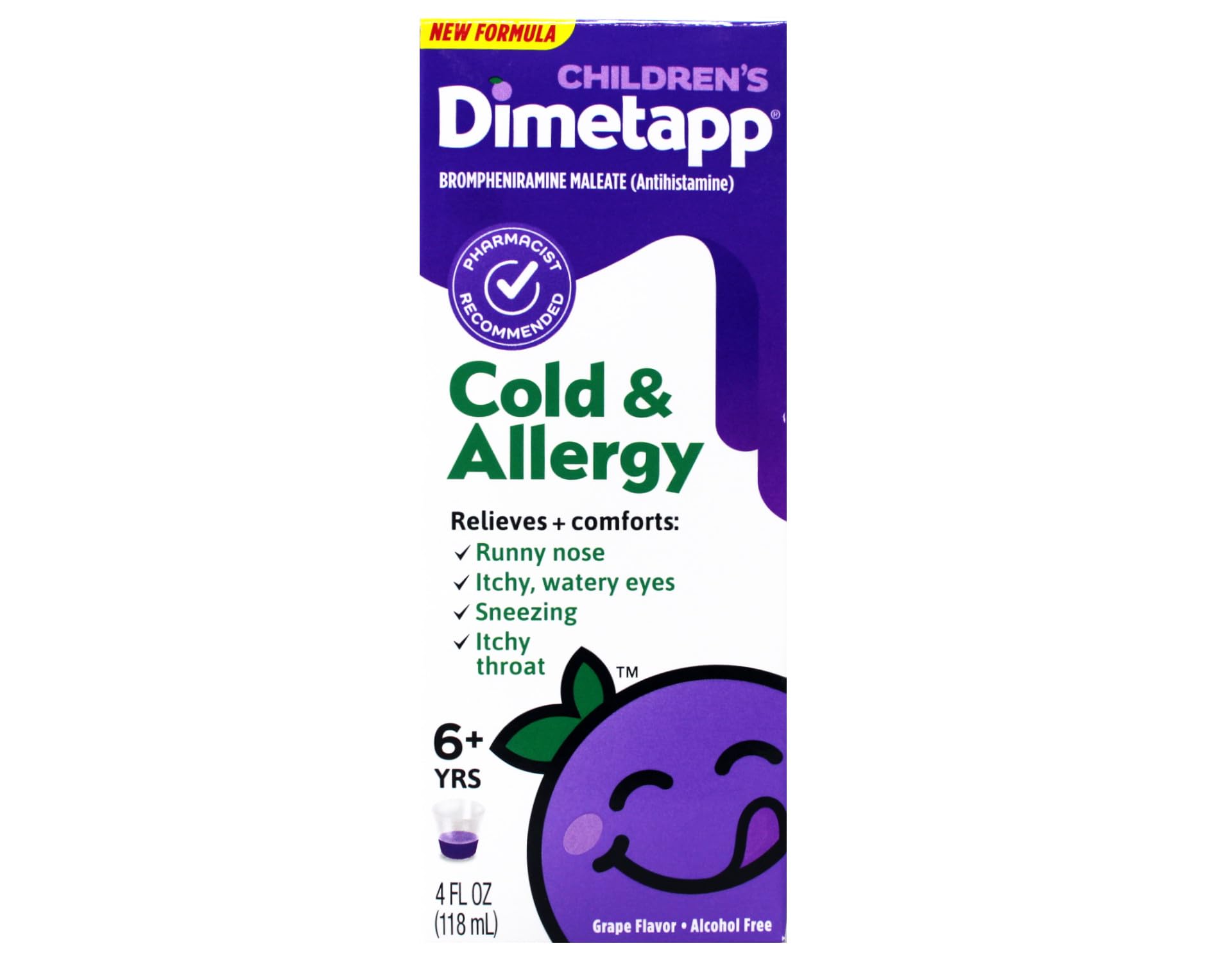 Dimetapp Elixir para niños: frasco de 4 onzas con sabor a uva para uso diario.