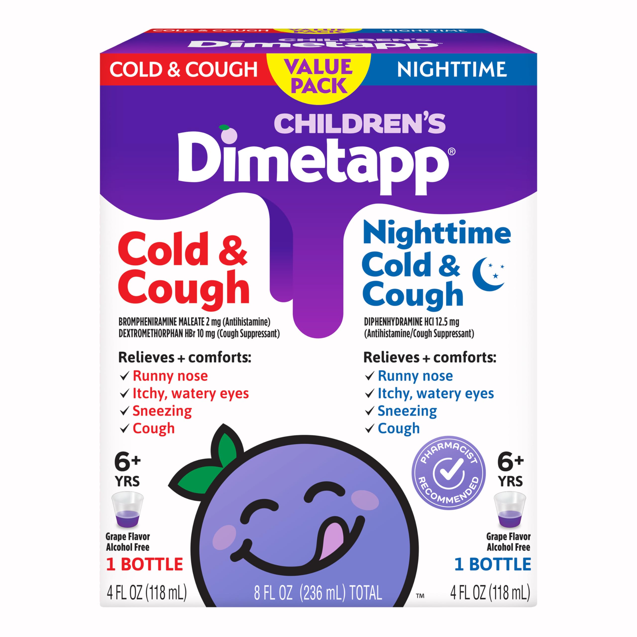 Dimetapp para niños, resfriado y tos, botella de 4 onzas para uso diurno.