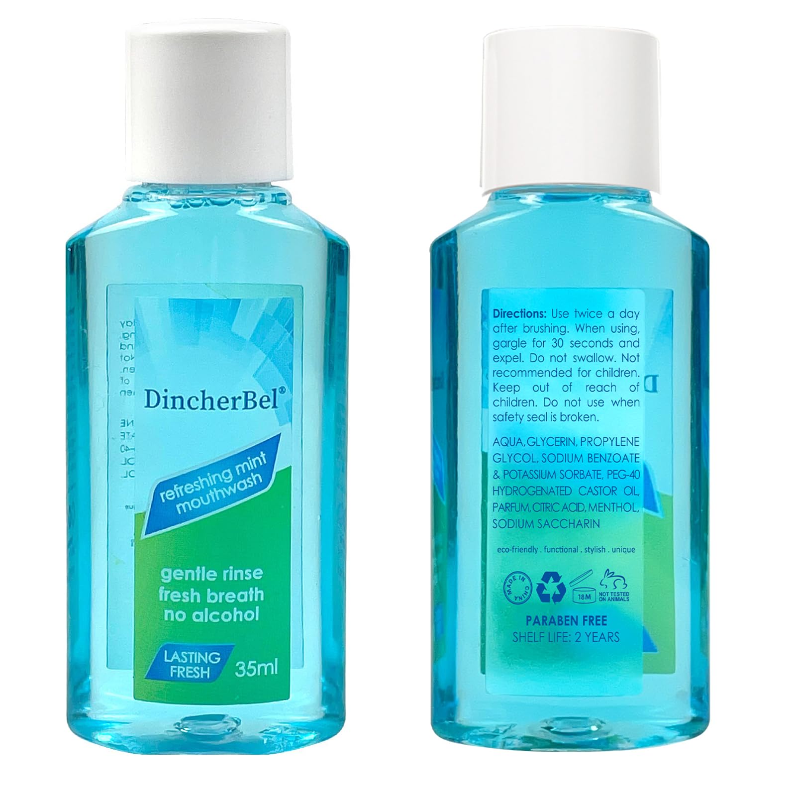 DincherBel enjuague bucal mentolado sin alcohol, sabor fresco para uso diario.