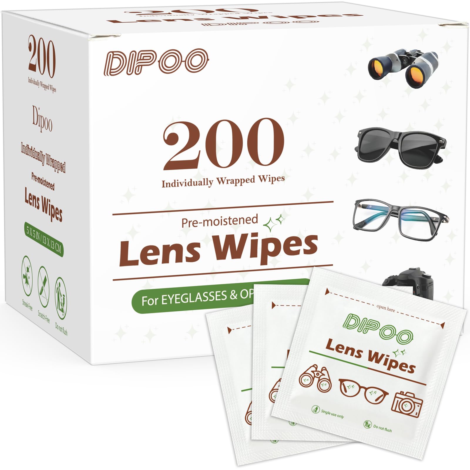 Dipoo toallitas lentes 200 unidades, limpieza eficaz para gafas y cámaras sin esfuerzo